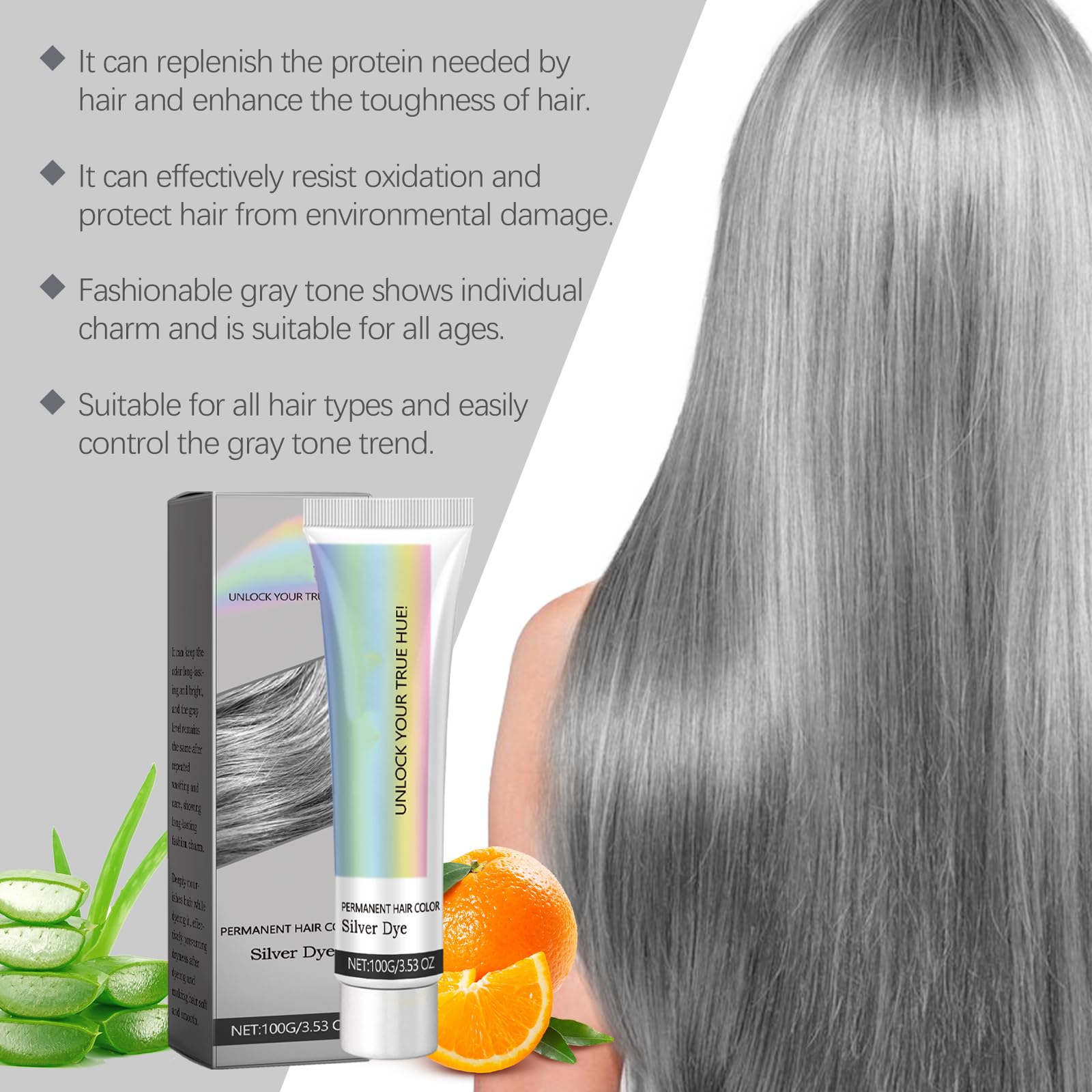 Gray Silver Hair Dye, 2-in-1 Hair Dying and Nourishing with Natural Essence Extract, Conditioning Hair Coloring Essence for Women & Men, 3.53 Fl Oz