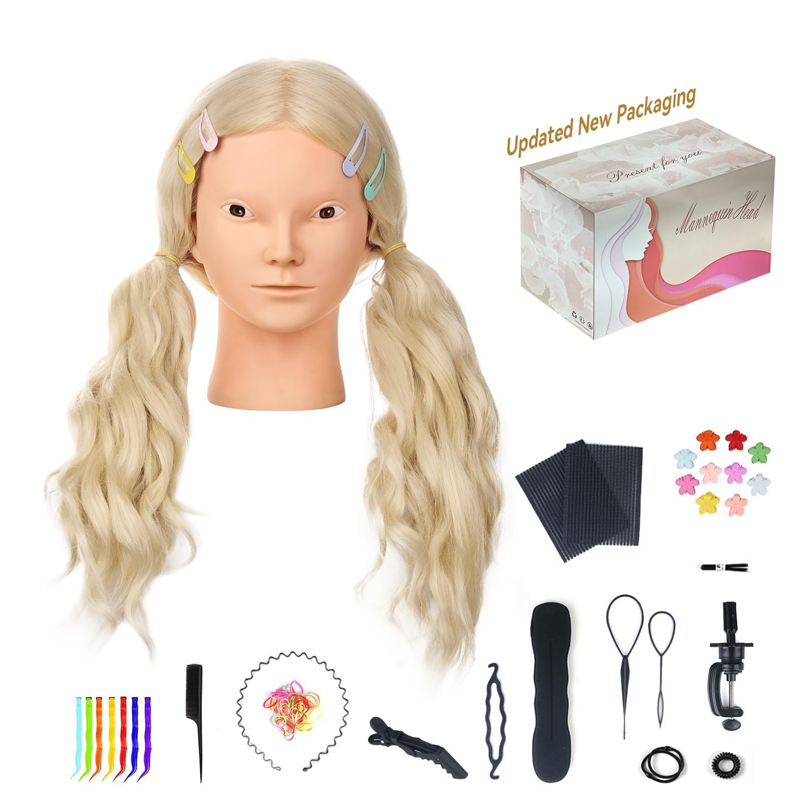 White Smoke 26"-28" Mannequin Head with 80% Real Hair– Cosmetology Training Doll Head for Hair Styling, Braiding & Makeup Practice – No Makeup