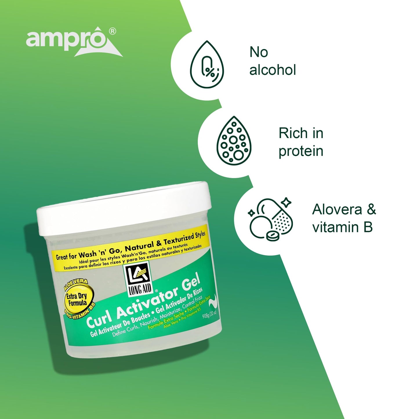 White Smoke AmPro Long-Aid Activator Gel - Enriched with Aloe Vera, Protein, and Vitamin B Complex - Brings Essential Moisture to Strands - Defines Your Natural Curls - Extra Dry - 32 oz
