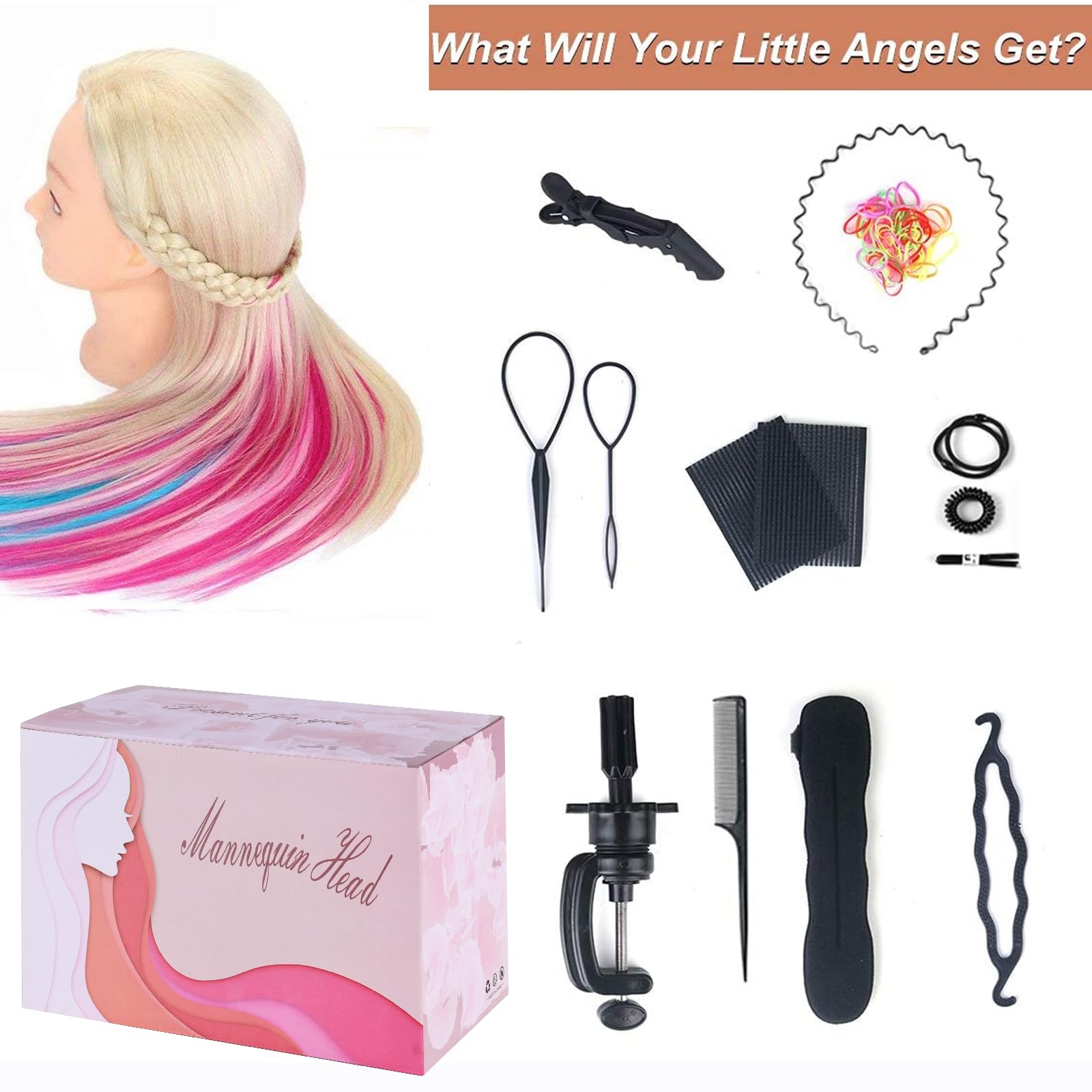 White Smoke Beauty Star 29" Colorful Mannequin Head with 100% Syntheic Hair, Doll Head for Hair Styling and Braiding Practice, Professional Bride Cosmetology Training Manikin Head with Clamp Stand Updo Kit