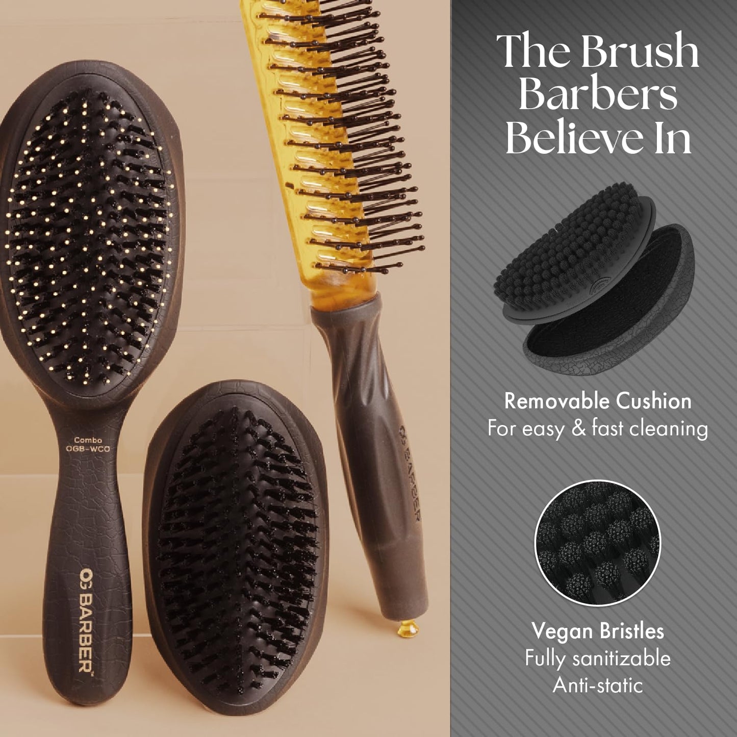 Dim Gray Olivia Garden Barber Palm Wave Brush, Black Cushion with Vegan Boar Bristles, Recycled ABS in Black Crackle Soft-Touch Finish