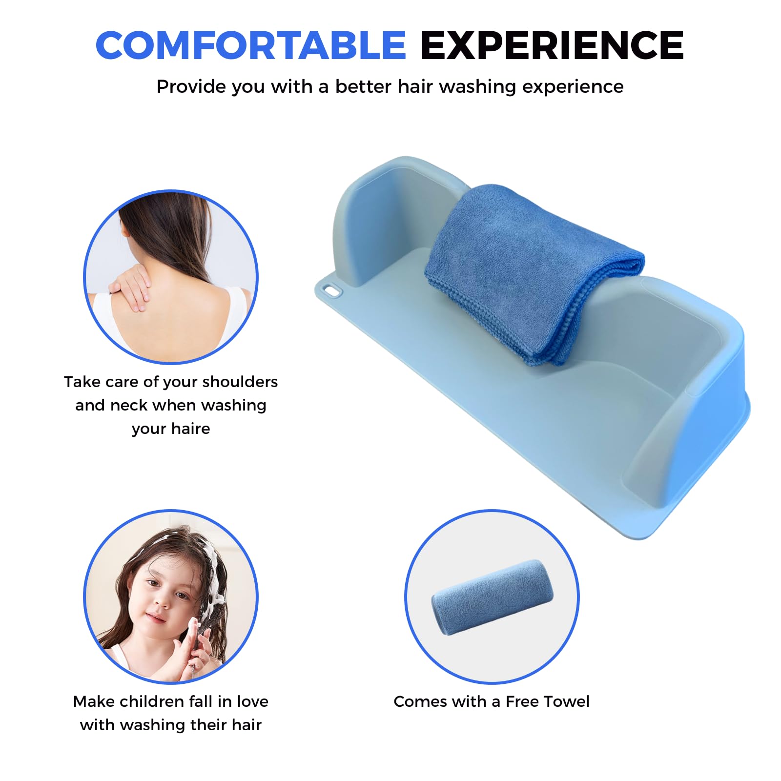 White Smoke Portable Hair Wash Basin for Kids and Teens,Tear-Free Shampoo Bowl with Neck Support for Sink or Bathtub,Stress-Free Hair Washing (Blue)