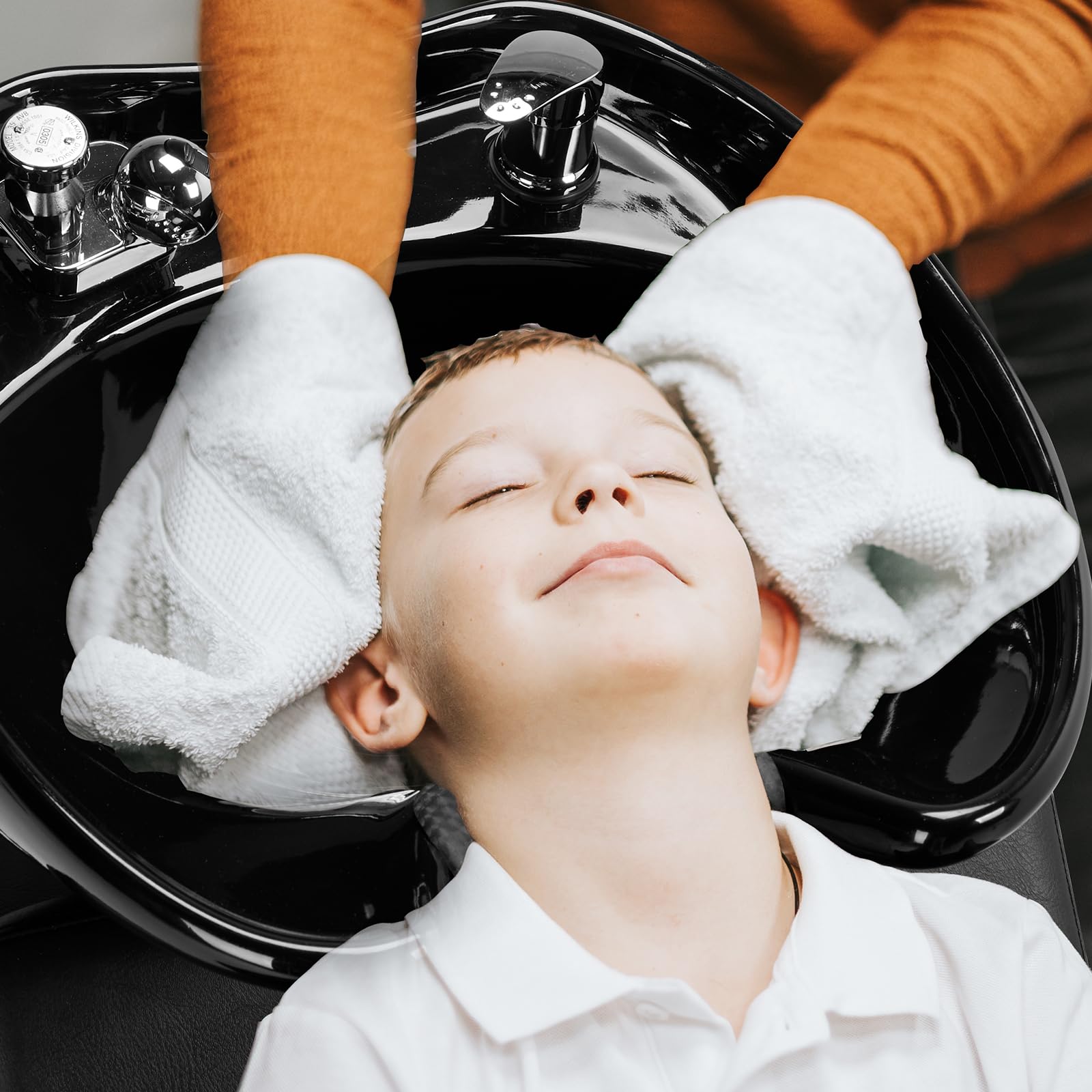 Black Winado Salon Shampoo Backwash Chair, Hair Wash Stations with Large Ceramic Bowl, Adjustable Shampoo Bowl Sink Chair for Barbershop Beauty Spa Massage Hairdressing Equipment