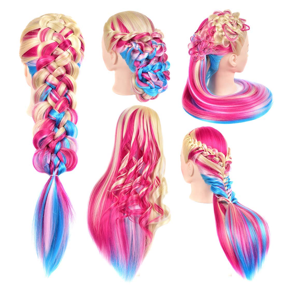 White Smoke Mannequin Head with Long Synthetic Fiber Colorful Hair Styling Training Head 26-28inch Manikin Cosmetology Doll Head Hairdressing Training Model for Cutting Braiding Practice and Free Clamp Holder