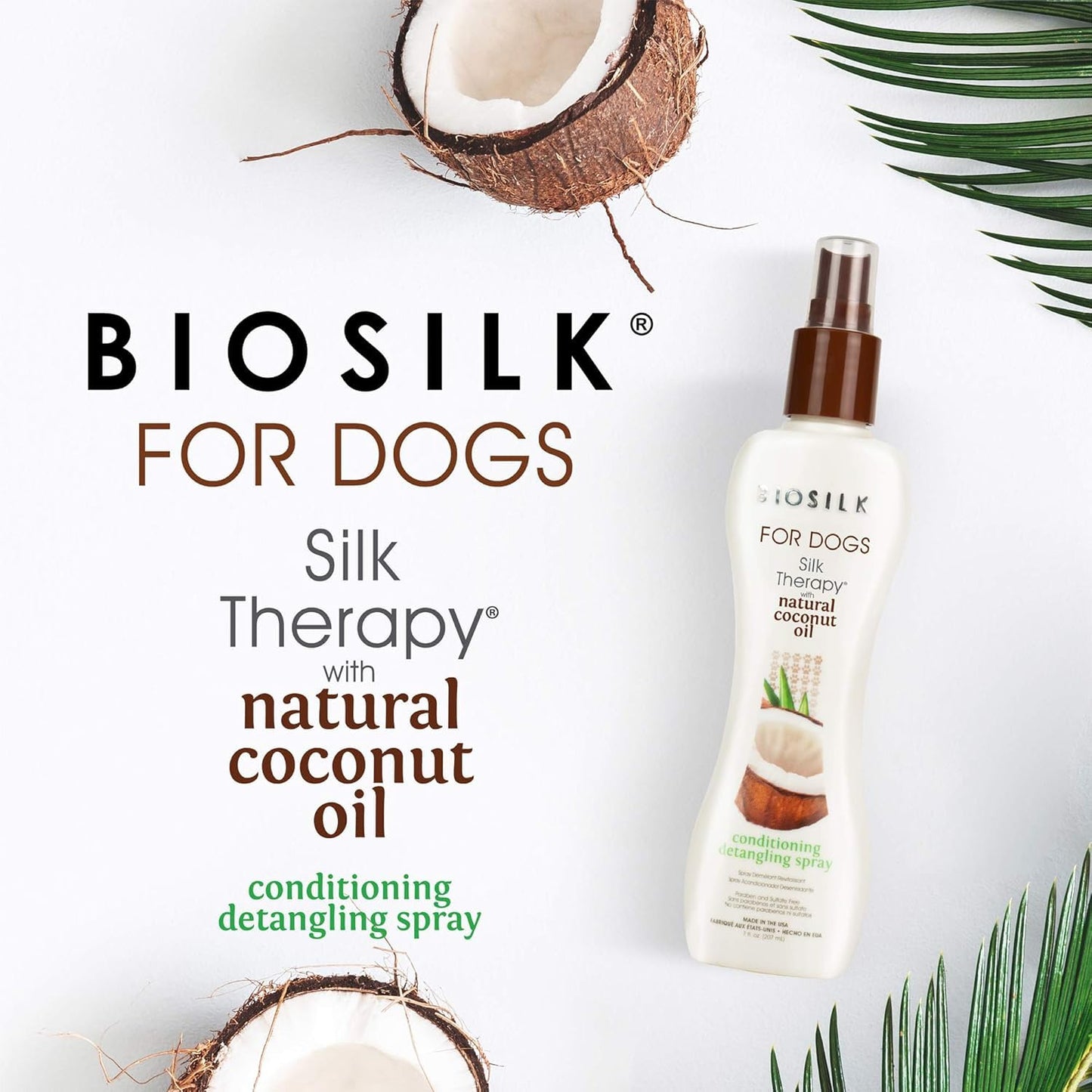 White Smoke BioSilk Silk Therapy Conditioning Detangling Spray for Dogs with Natural Coconut Oil - Dog Matted Hair Detangler Conditioner for Dogs, Dematting Grooming Supplies, 7 Fl Oz - 2 Pack
