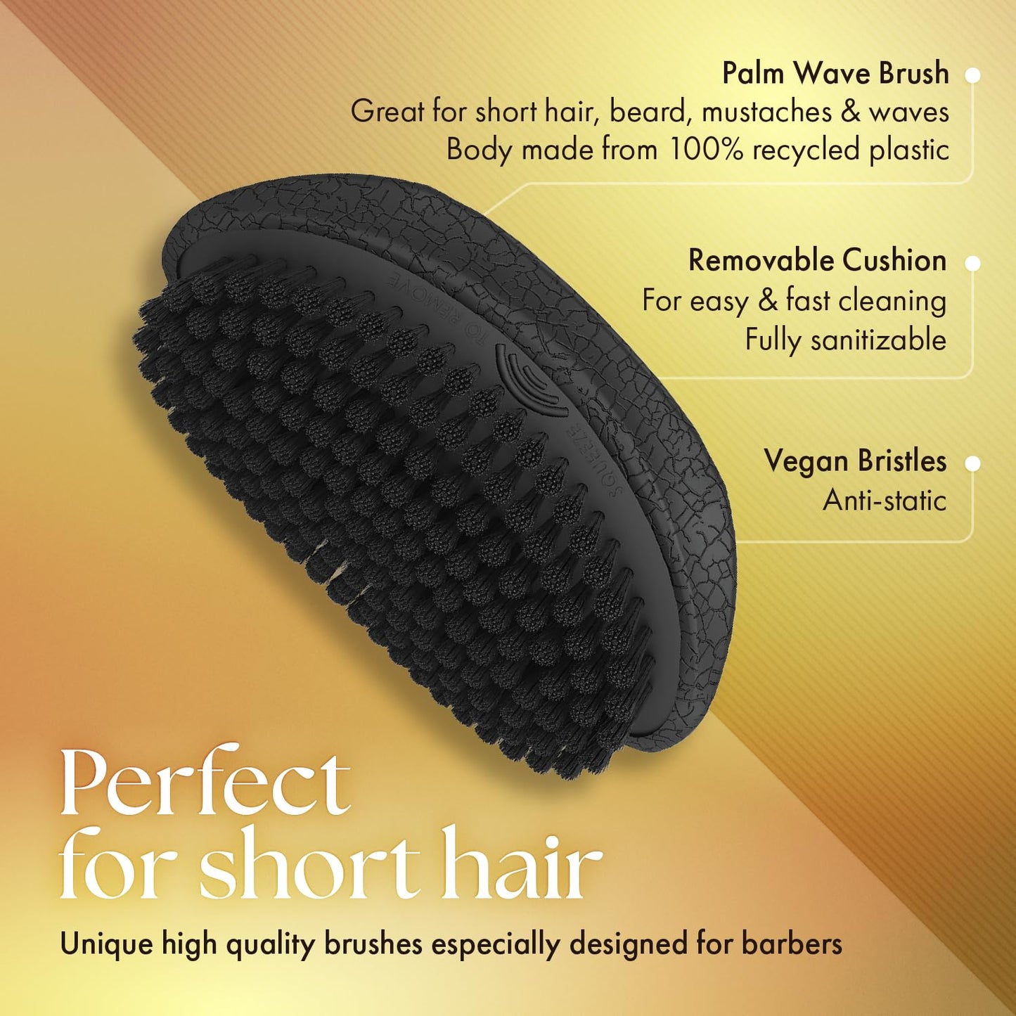 Black Olivia Garden Barber Palm Wave Brush, Black Cushion with Vegan Boar Bristles, Recycled ABS in Black Crackle Soft-Touch Finish
