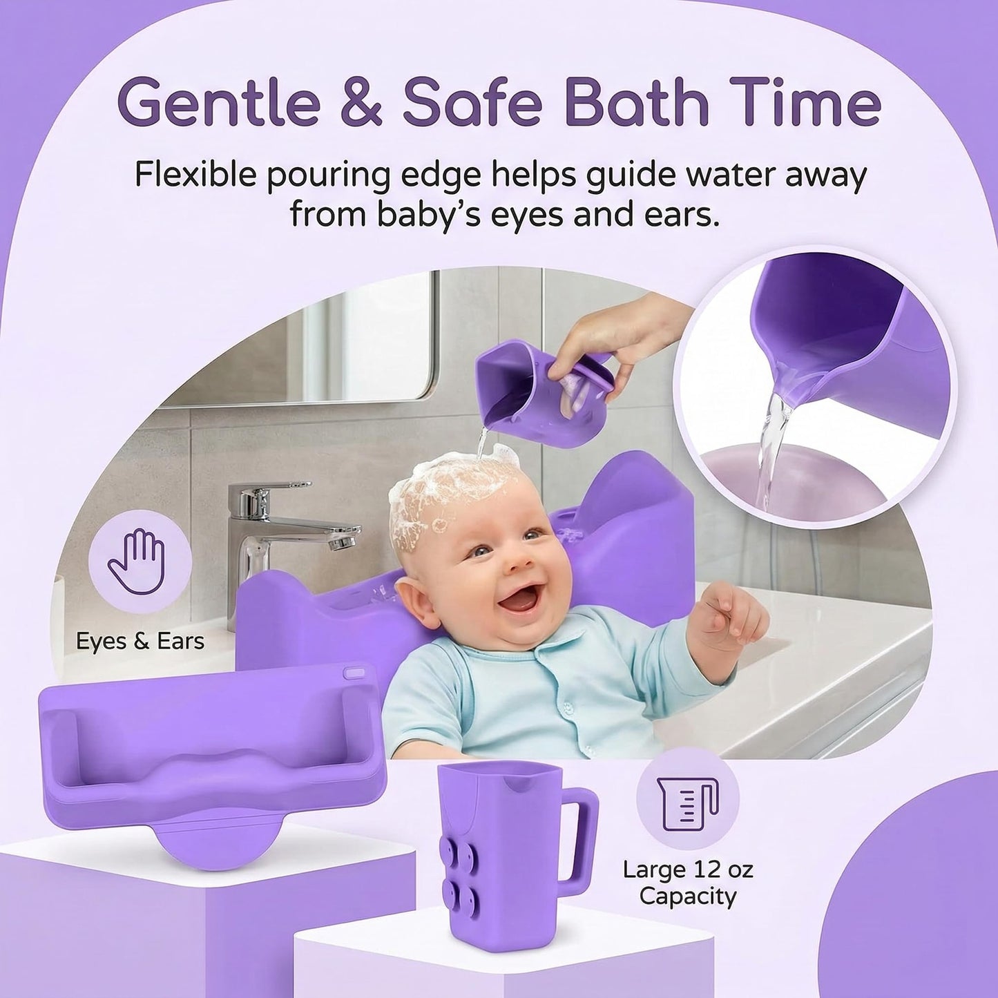 Lavender Blush Portable Hair Washing Station for Kids – Silicone Hair Washing Basin for sink and Teens,Tear-Free Shampoo Bowl with baby bath Rinse Cup, Neck Support for Kids-Purple