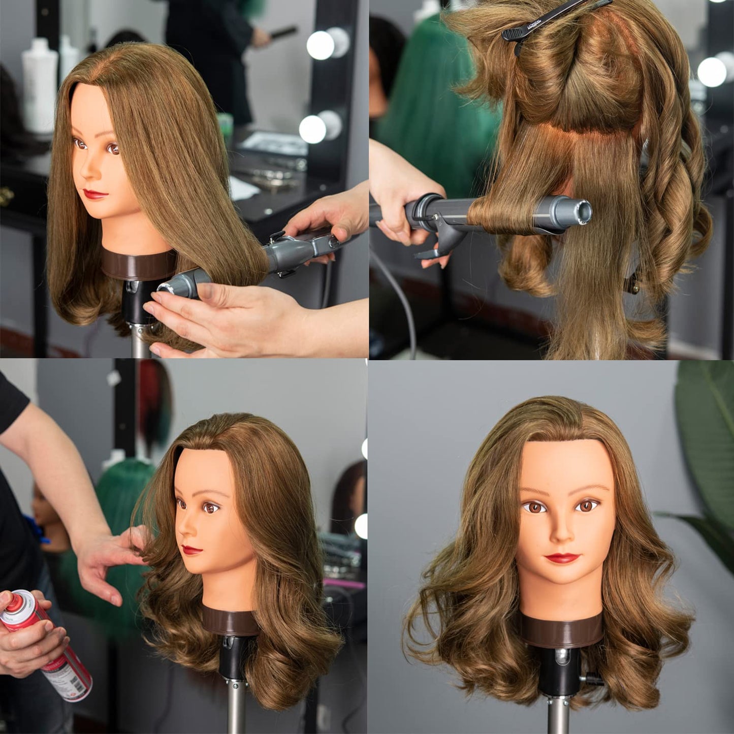 Dark Gray Traininghead 20-22" Female 100% Human Hair Mannequin Head Hair Styling Training Head Cosmetology Manikin Head Doll Head for Hairdresser with Free Clamp (Brown)