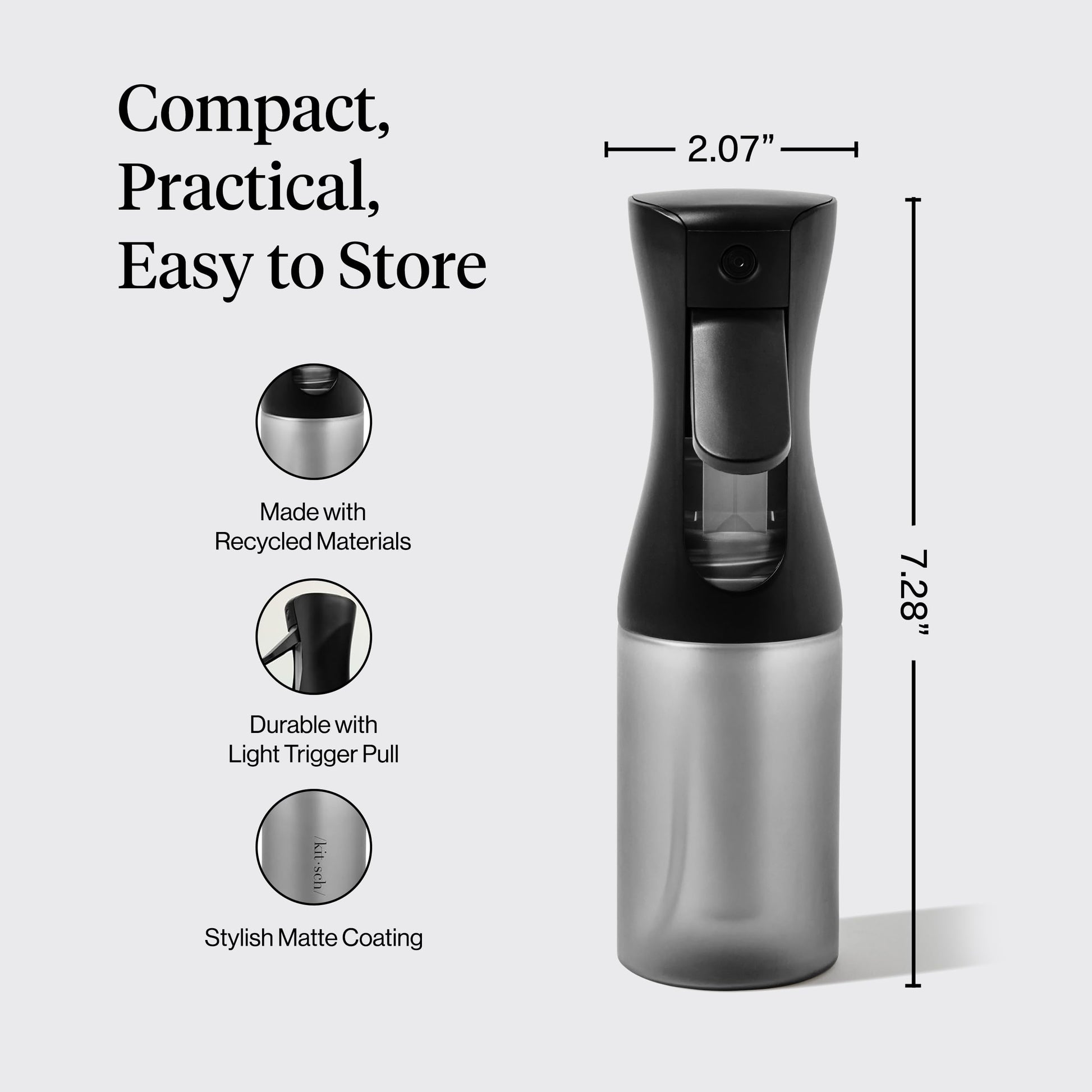 Lavender Kitsch Continuous Spray Bottle for Hair – Fine Mist Water Mister & Water Spray Bottle – Recycled Hair Spray Bottle – Spray Bottles for Cleaning, Styling, Plants & More – Black, 150ml