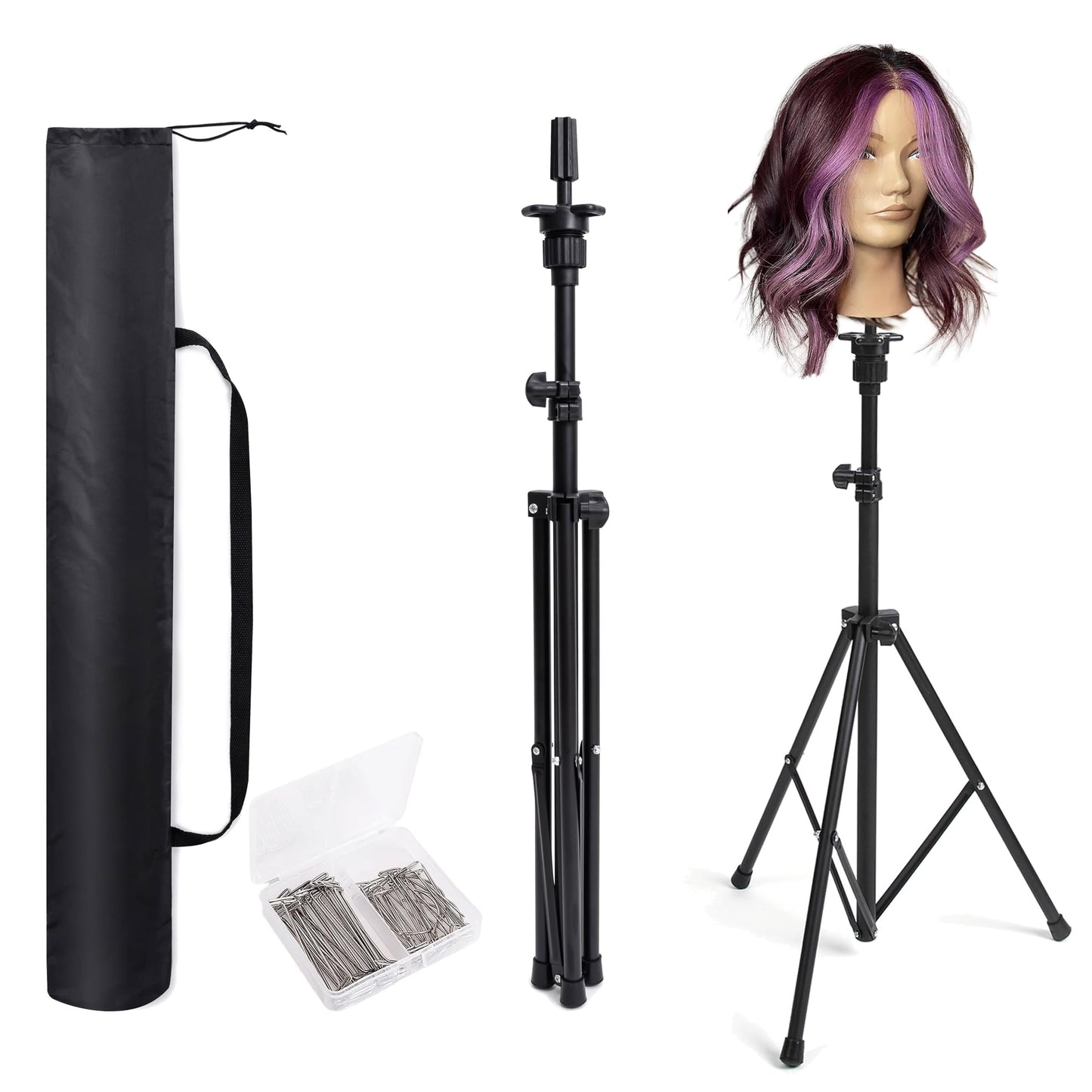 White Smoke Goodofferplace Tall Wig Tripod Stand,Metal Mannequin Head Stand Adjustable for Mannequin Head,Training Canvas Block Head,for Styling,Wig Making Displaywith Carrying Bag,30 Pcs T-Pins(35.4-52.4 Inch)