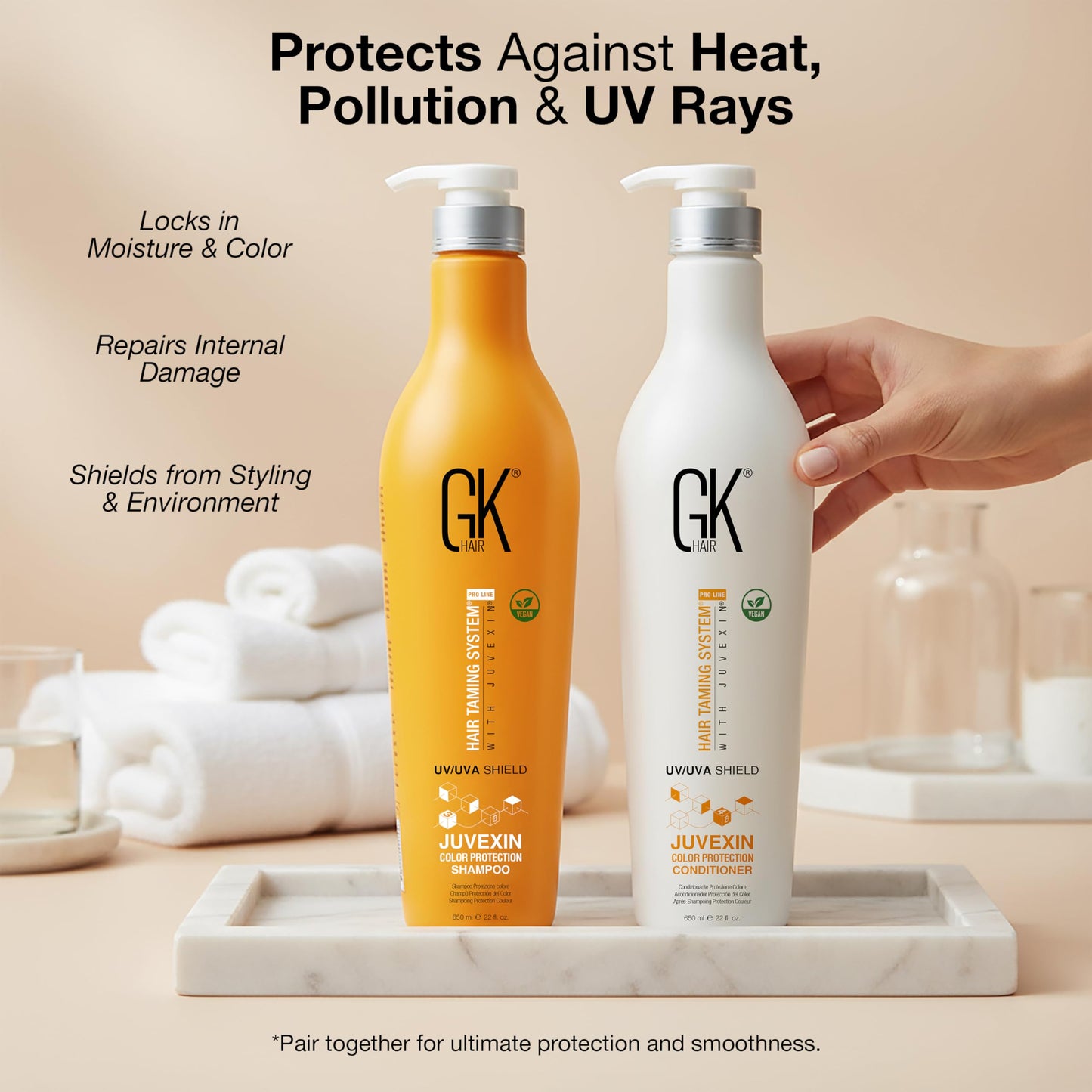 Gray GK HAIR Color Protection Shield Shampoo and Conditioner – Blocks UV/UVA Rays – Color Treated Hair from Fading – Deep Hydration, Frizz Control, Restores Softness and Hydration