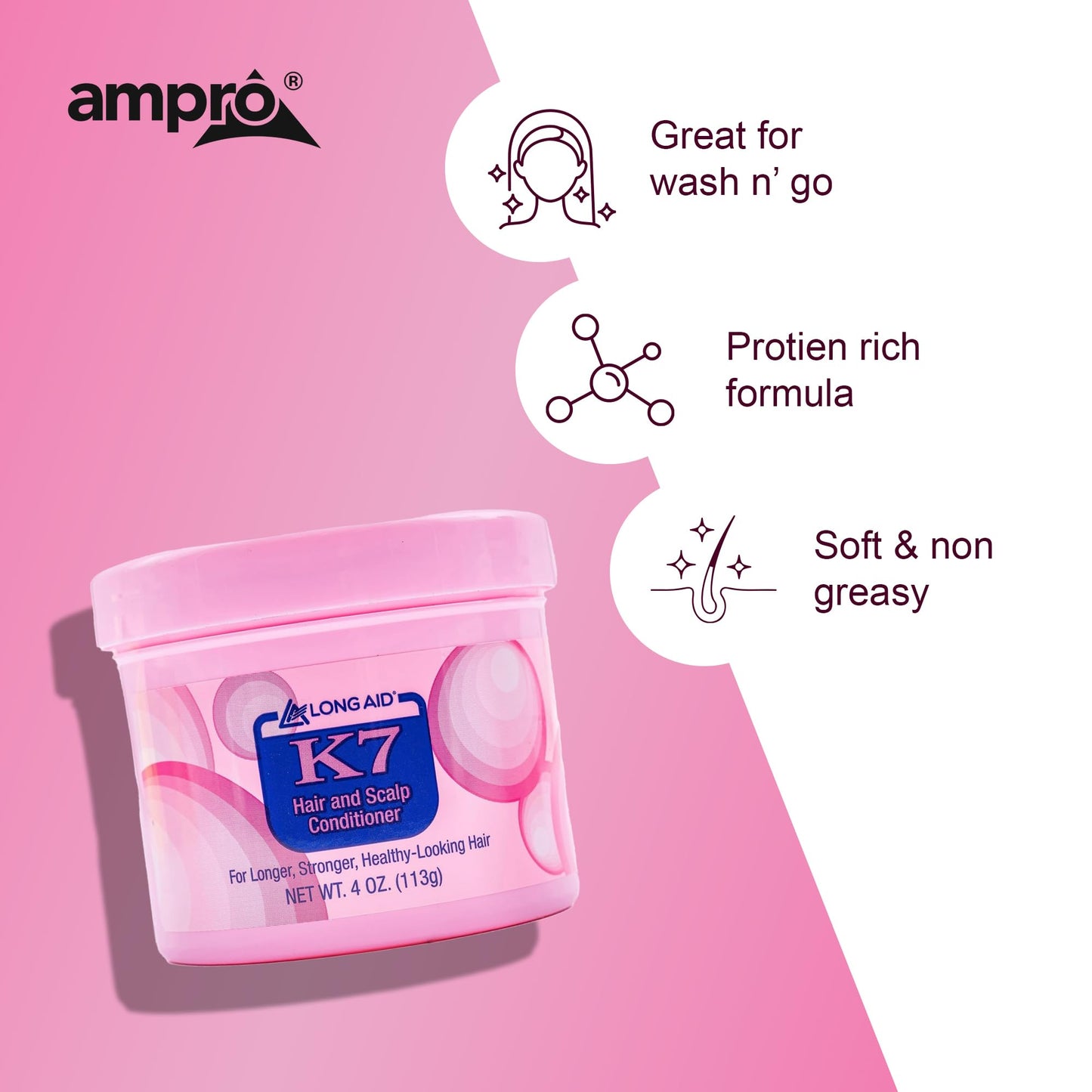 White Smoke Ampro Long-Aid K7 Hair and Scalp Conditioner - Rich with Natural Emollients - Provides Stronger Hair and Scalp for All Hair Textures - Protects Against Humidity and Nature - 4 oz