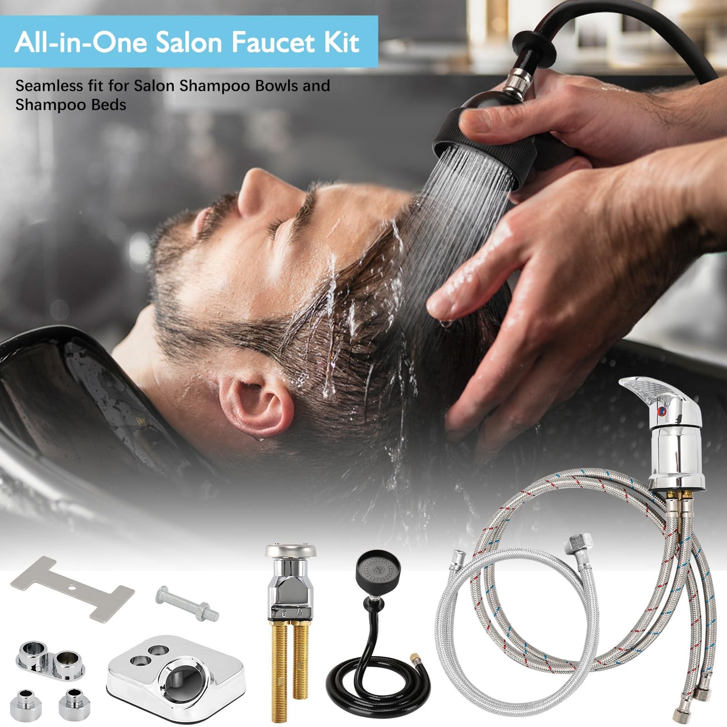 White Smoke LukLoy All-in-One Salon Shampoo Bowl Faucet Vacuum Breaker Kit, Complete Set Salon Sink Parts for Salon Shampoo Bowl and Bed, 1/4" Nut Beauty Salon hose and sprayer for Barber Shop Spa Center