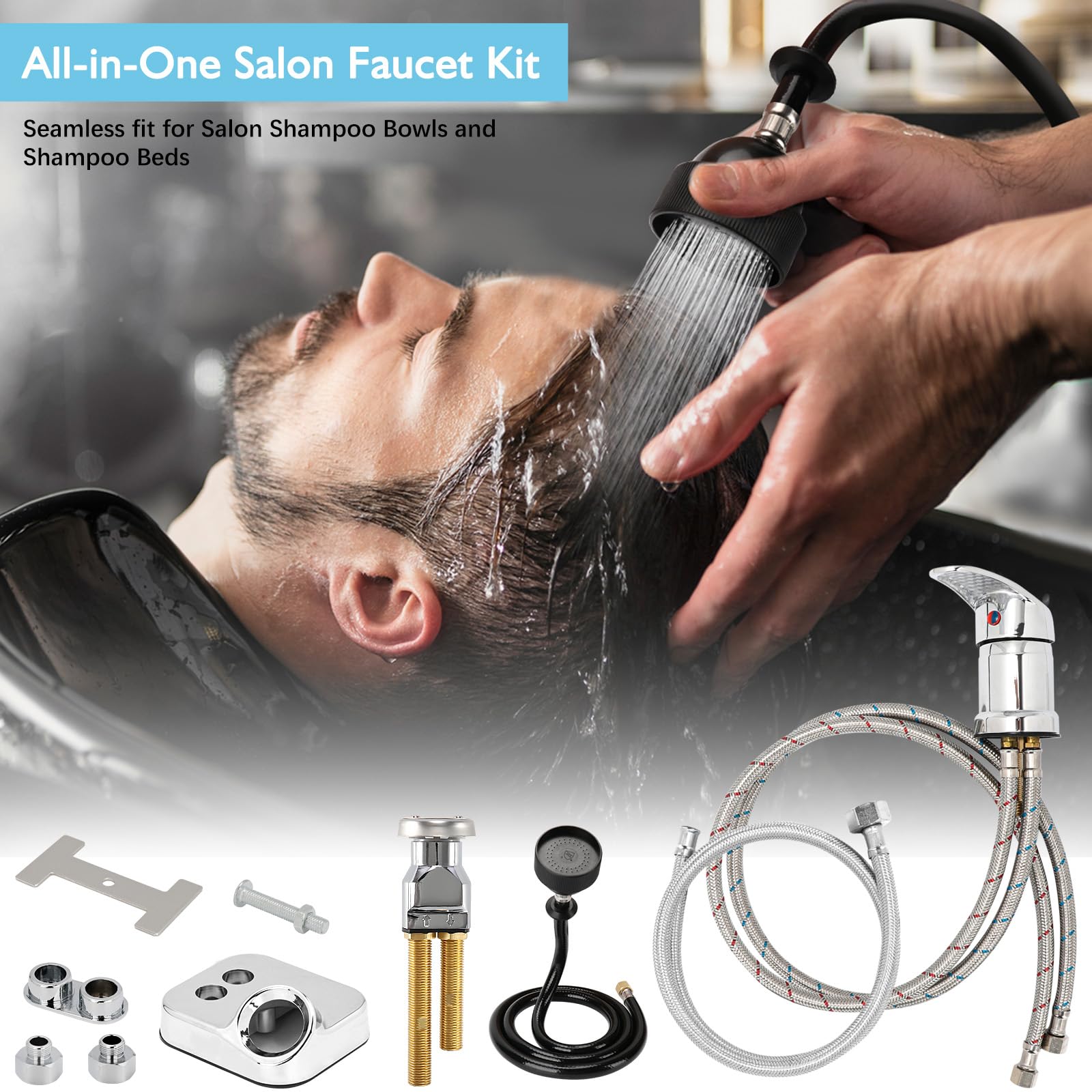 White Smoke LukLoy All-in-One Salon Shampoo Bowl Faucet Vacuum Breaker Kit, Complete Set Salon Sink Parts for Salon Shampoo Bowl and Bed, 1/4" Nut Beauty Salon hose and sprayer for Barber Shop Spa Center