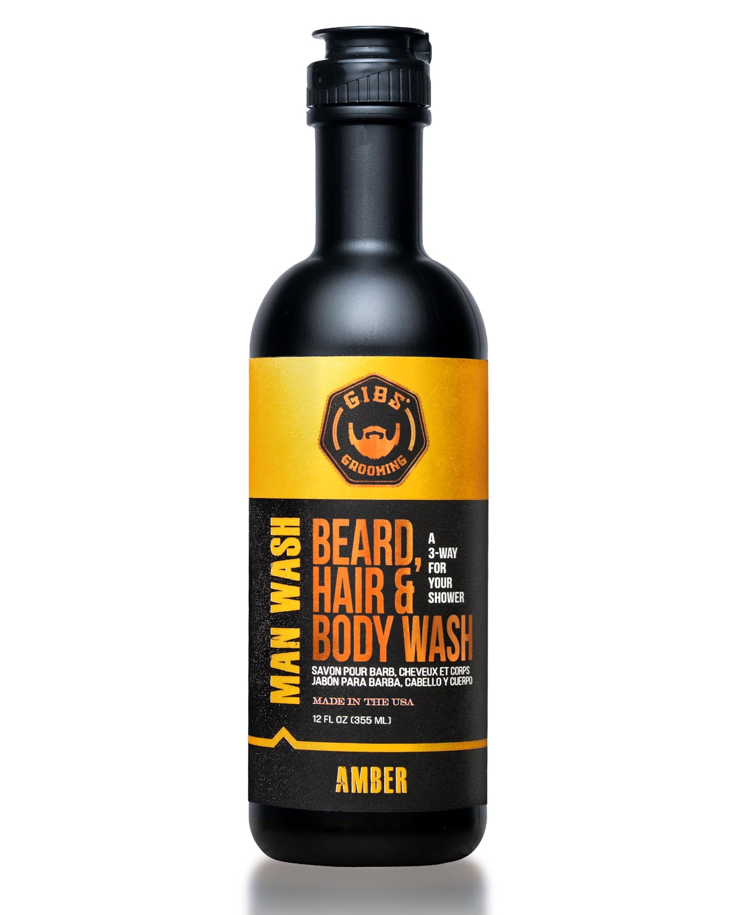 White Smoke GIBS Grooming - Amber Man Wash (12 fl oz) 3-in-1 Beard, Hair, Body Soap - Citrus, Oak, Basil Scent - Sulfate Free - Tea Tree Oil, Hemp Oil, Protein - Mens Body Wash & Mens Shampoo - Made in USA