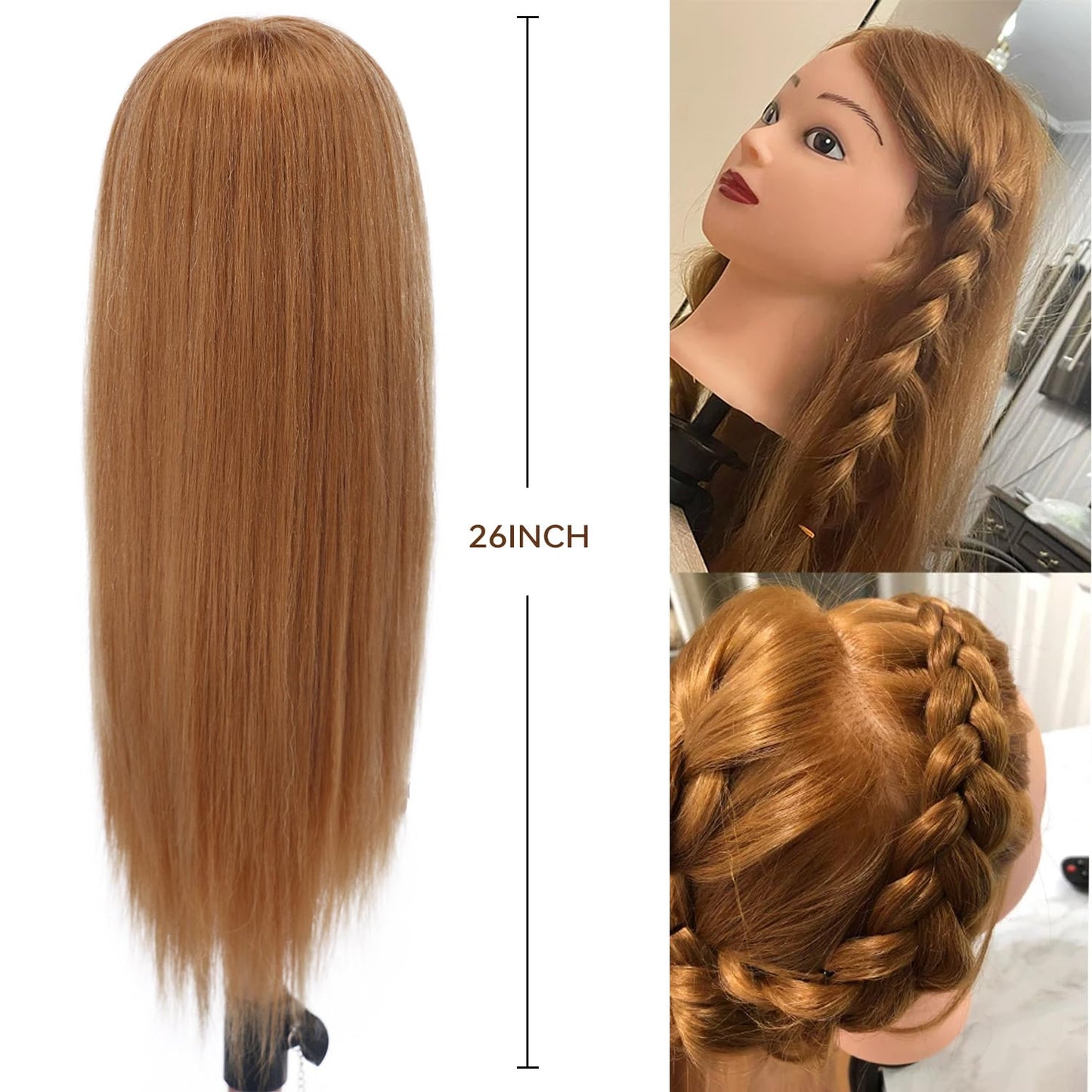 White Smoke Mannequin Head Human Hair, 80% Real Hair 26-28" Cosmetology Mannequin Head Hair Styling Hairdressing Practice Training Doll Heads with Clamp Holder and Tools (#27 Light Brown)