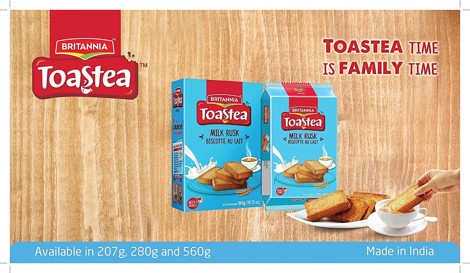 Tan Britannia Toastea Milk Rusk 9.87oz (280g) - Biscotte Au Lait - Crispy, Crunchy Tea Moments - Breakfast & Tea Time Snacks (Pack of 6)