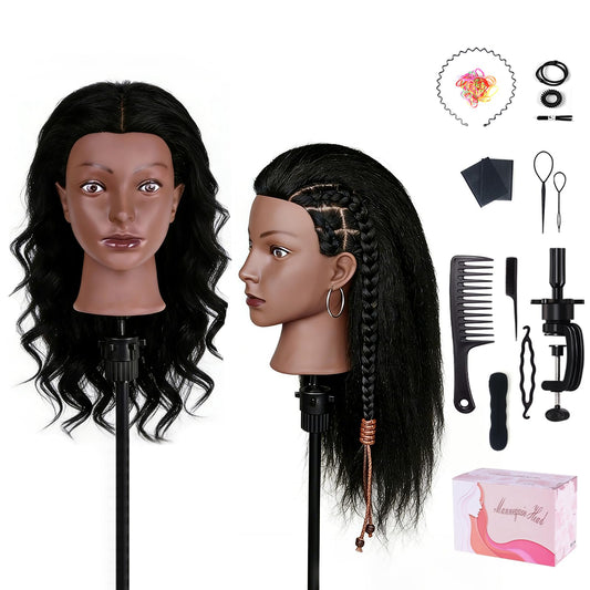 White Smoke 100% Real Hair Mannequin Head,22''Human Hair Mannequin Cosmetology Manikin Doll Head Hair Styling Hairdressing Practice Training Head with Clamp Holder and Tools（Black）