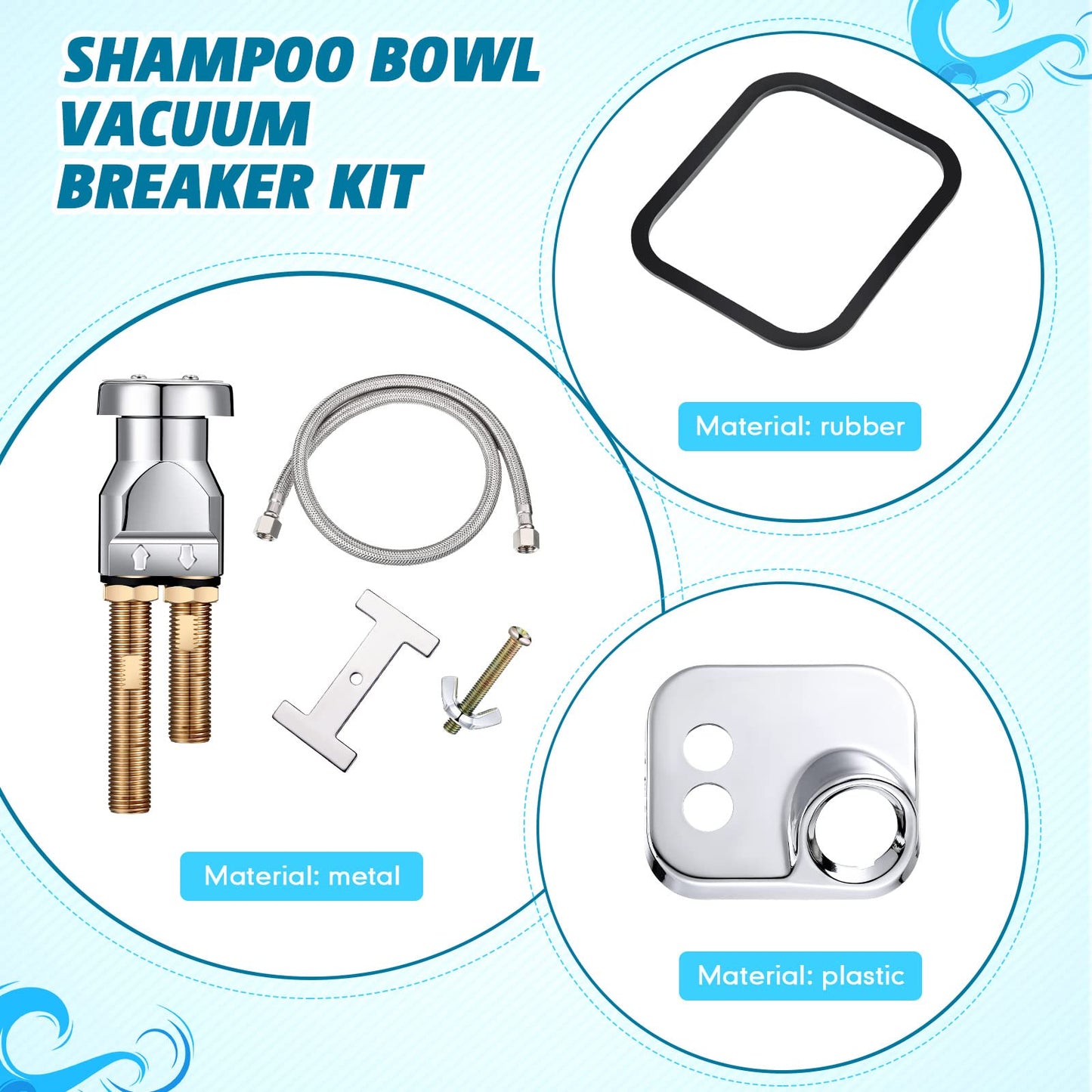 White Smoke Hortsun Shampoo Bowl Vacuum Breaker Kit, Hardware Handle, 7 Pcs Stainless Steel, Chromium Plated Brass, 31 inches, for Salon Sink Parts Replacement