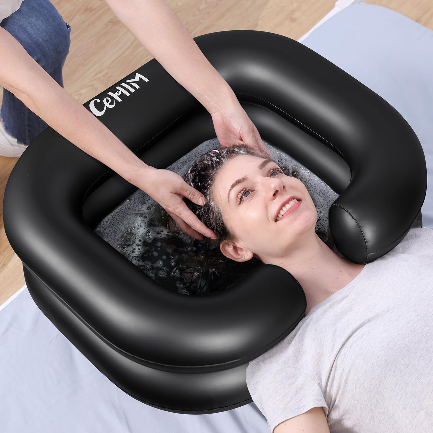Dark Slate Gray Cehim Inflatable Shampoo Basin - Portable Shampoo Bowl, Hair Washing Basin for Bedridden, Disabled,Injured, Hair Wash Tub for Dreadlocks and at Home Sink Washing (Black, 15in Inner)