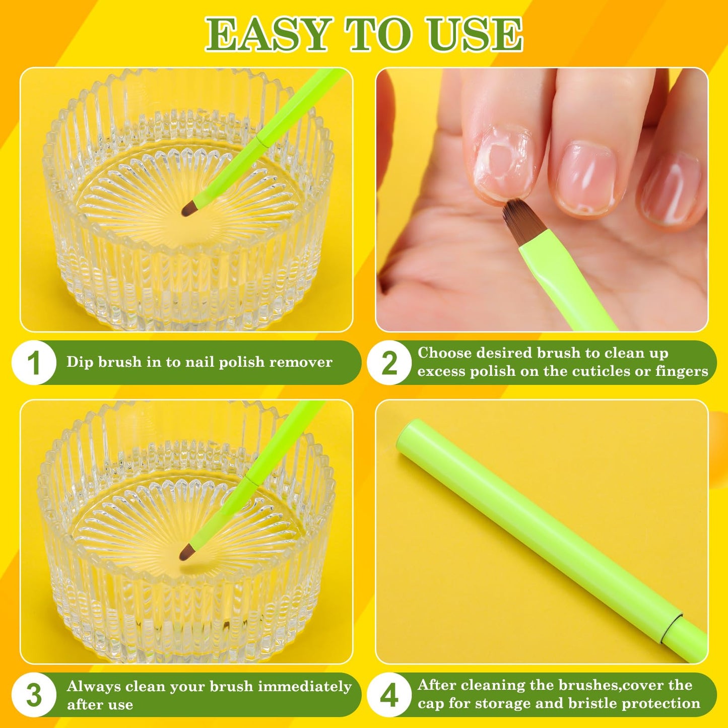 Sandy Brown INENK 3PCS Nail Clean Up Brushes for OPI Nail Polish Remover, Brushes for Cleaning Polish Mistakes on the Cuticles, Acetone Resistant Nail Brush for Nail Art and Designs（Fluorescent Green ）