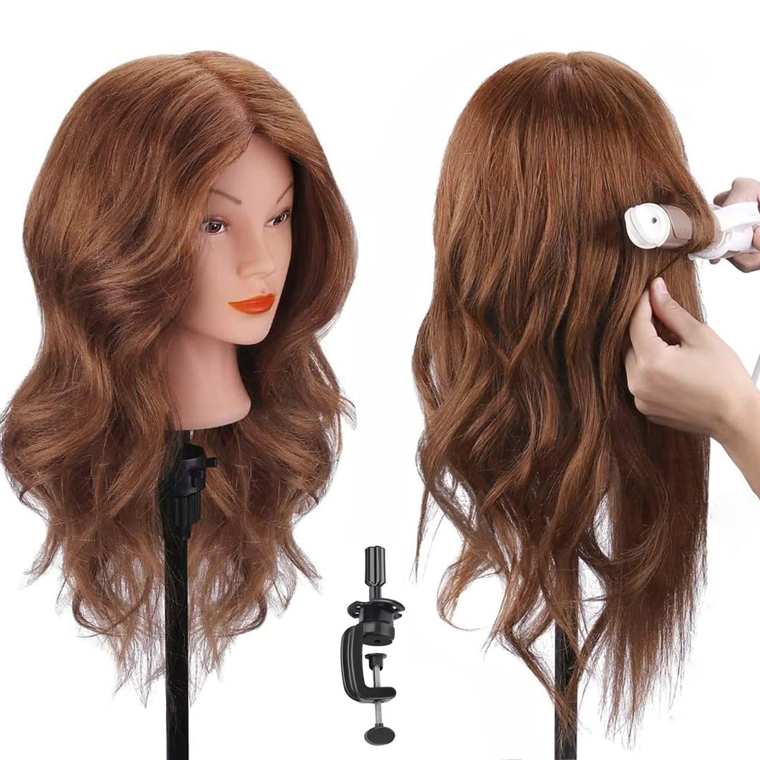 White Smoke Mannequin Head with 100% Human Hair, SZCY LLC 18" Dark Brown Real Hair Cosmetology Mannequin Head Hair Styling Hairdressing Practice Training Doll Heads with Clamp Holder