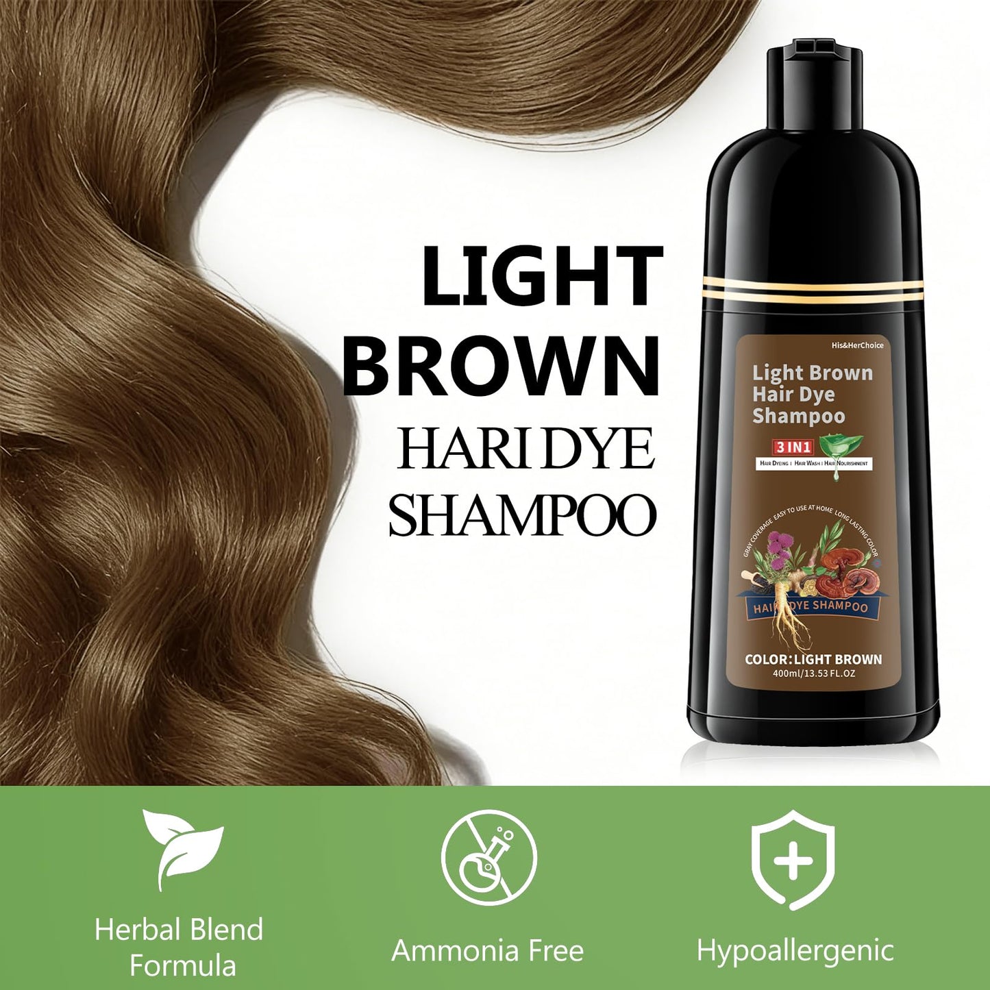 White Smoke HIS&HERCHOICE Light Brown Hair Dye Shampoo, 3-in-1 Hair Color for Gray Coverage, Ammonia & Paraben Free with 6 Natural Herbal Ingredients, Semi-Permanent Color Shampoo for Women & Men