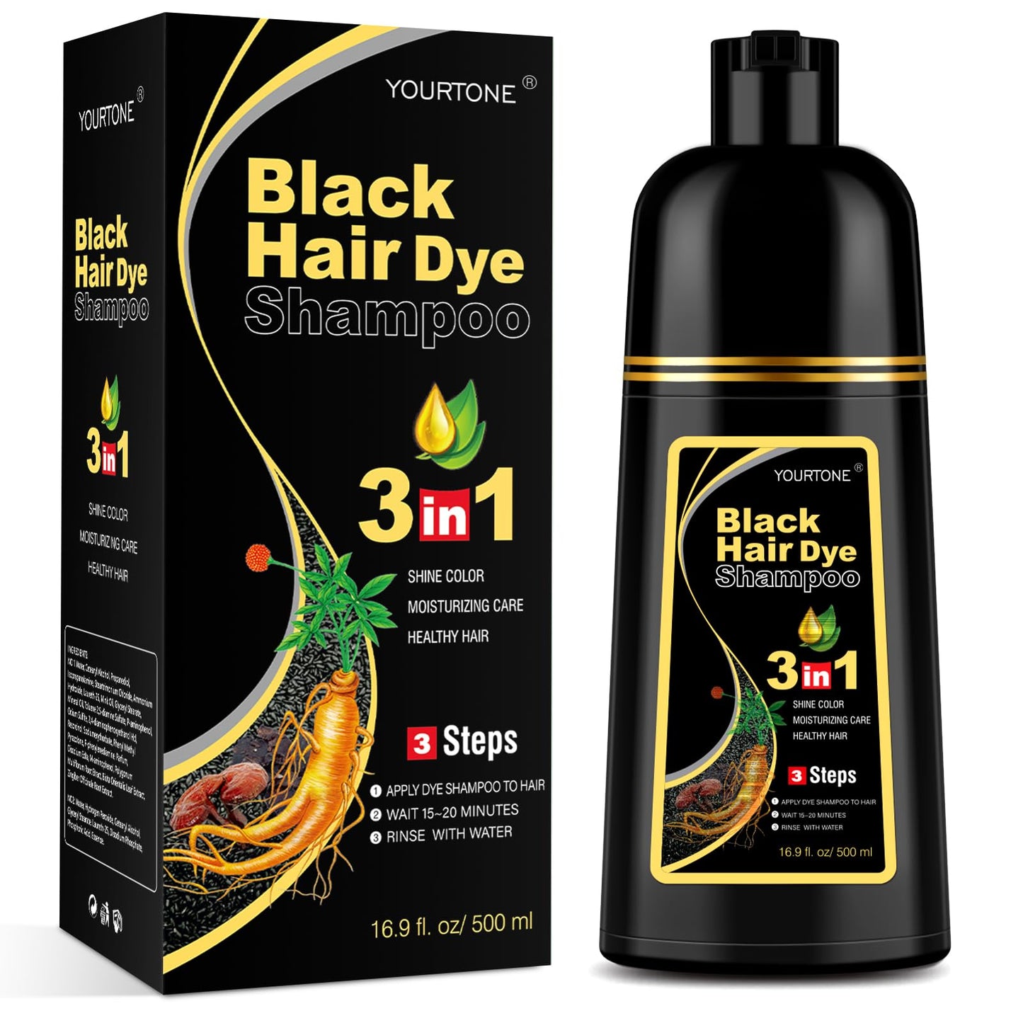 Black YOURTONE Black Hair Dye Shampoo 3 in 1 for Gray Hair Coverage, Hair Color Shampoo for Women Men, Herbal Ingredients Champu Para Pintar el Cabello (16.9 Oz)