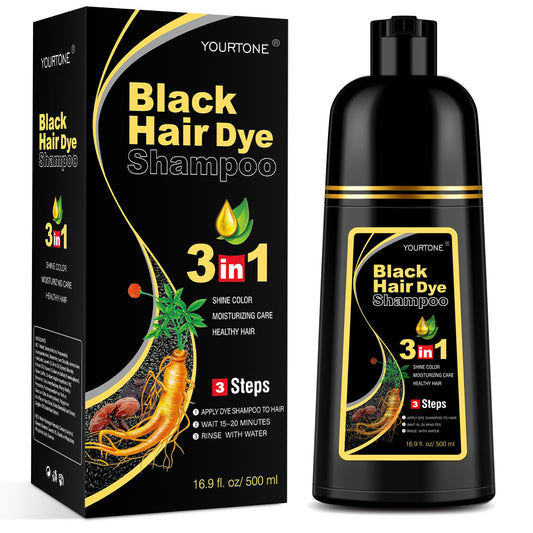 Black YOURTONE Black Hair Dye Shampoo 3 in 1 for Gray Hair Coverage, Hair Color Shampoo for Women Men, Herbal Ingredients Champu Para Pintar el Cabello (16.9 Oz)