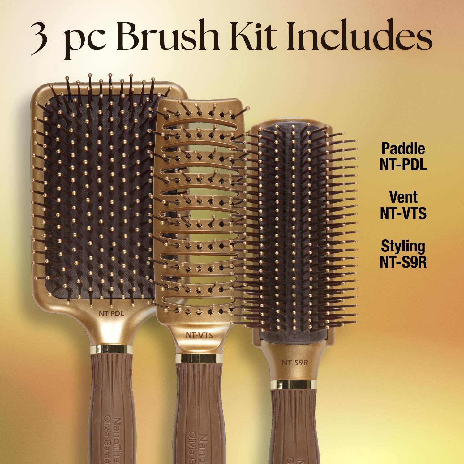 Tan Olivia Garden Ceramic + Ion NanoThermic Styler Hair Brush - Daily Styling for All Hair Types - With Retractable Sectioning Pick, 3-PC Bag (S9R, VTS, PDL)