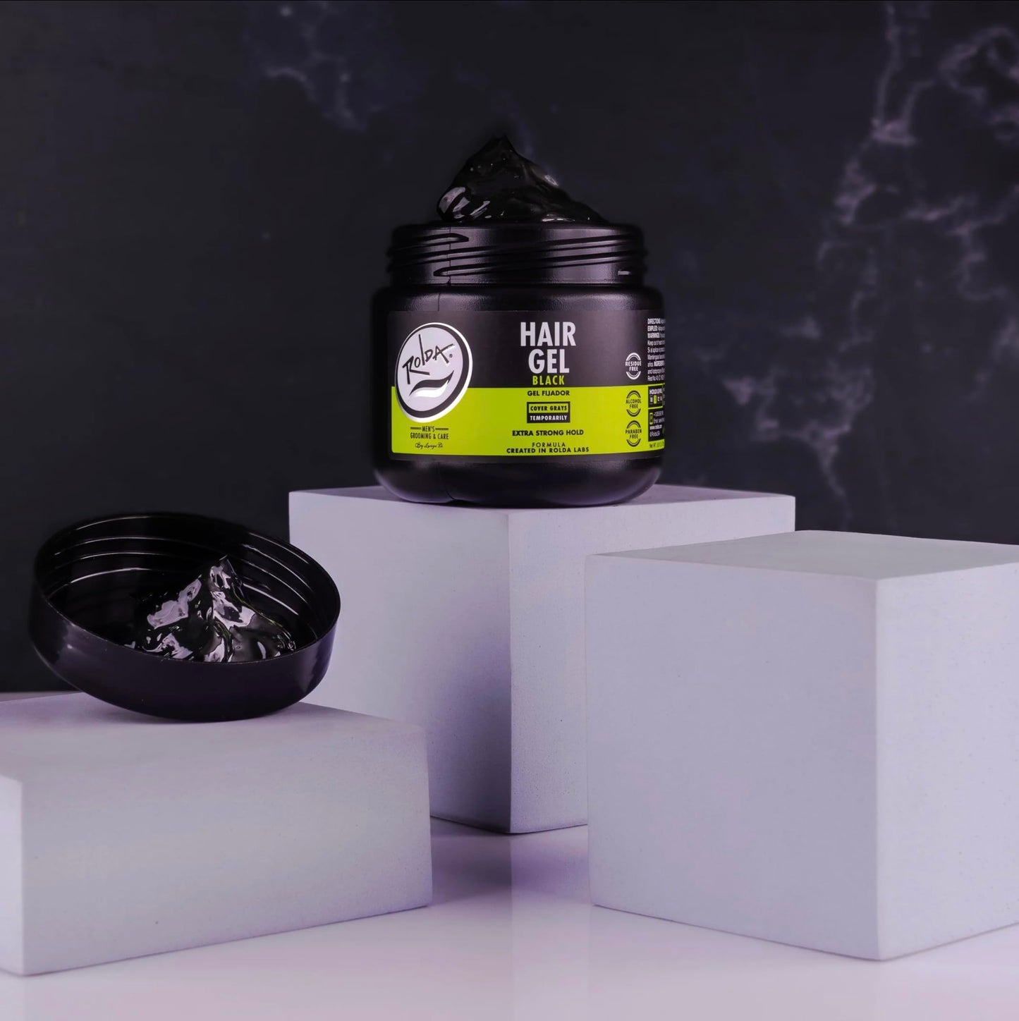 Black Rolda Black Hair Gel for Men - Medium Hold Styling Gel with Activated Charcoal for Wet Look - Covers Grays & Enhances Black Hair - Flake + Alcohol Free (8.81 oz)