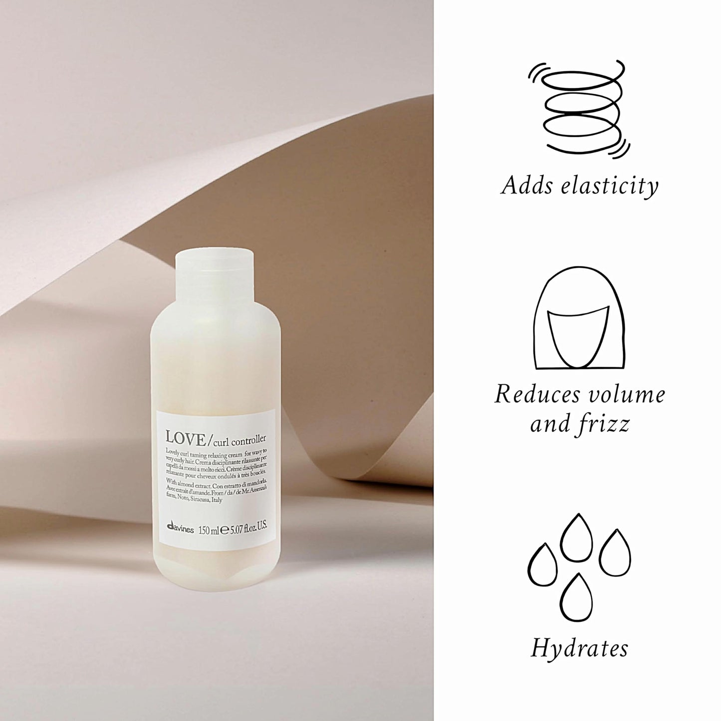 White Smoke Davines LOVE Curl Controller, Relaxing Anti-Frizz Effect Cream for Wavy and Curly Hair - Defines Texture, Leaving Soft, Light & Elastic Curls even in High Humidity with Almond Extract, 5.07 Fl Oz