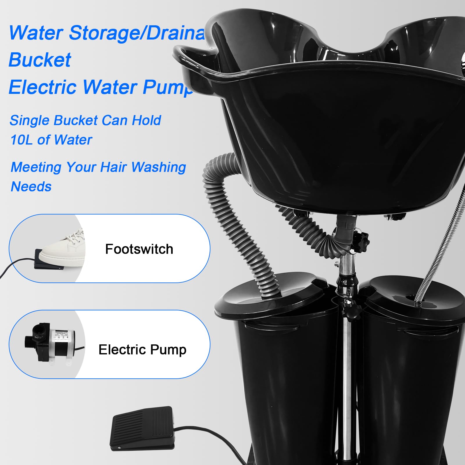 Black EVGTTI Portable Shampoo Bowl with Electric Pump, Height Adjustable Hair Washing Station, 2 Buckets Drain Hoses, Portable Salon Sink for Home & Salon Use