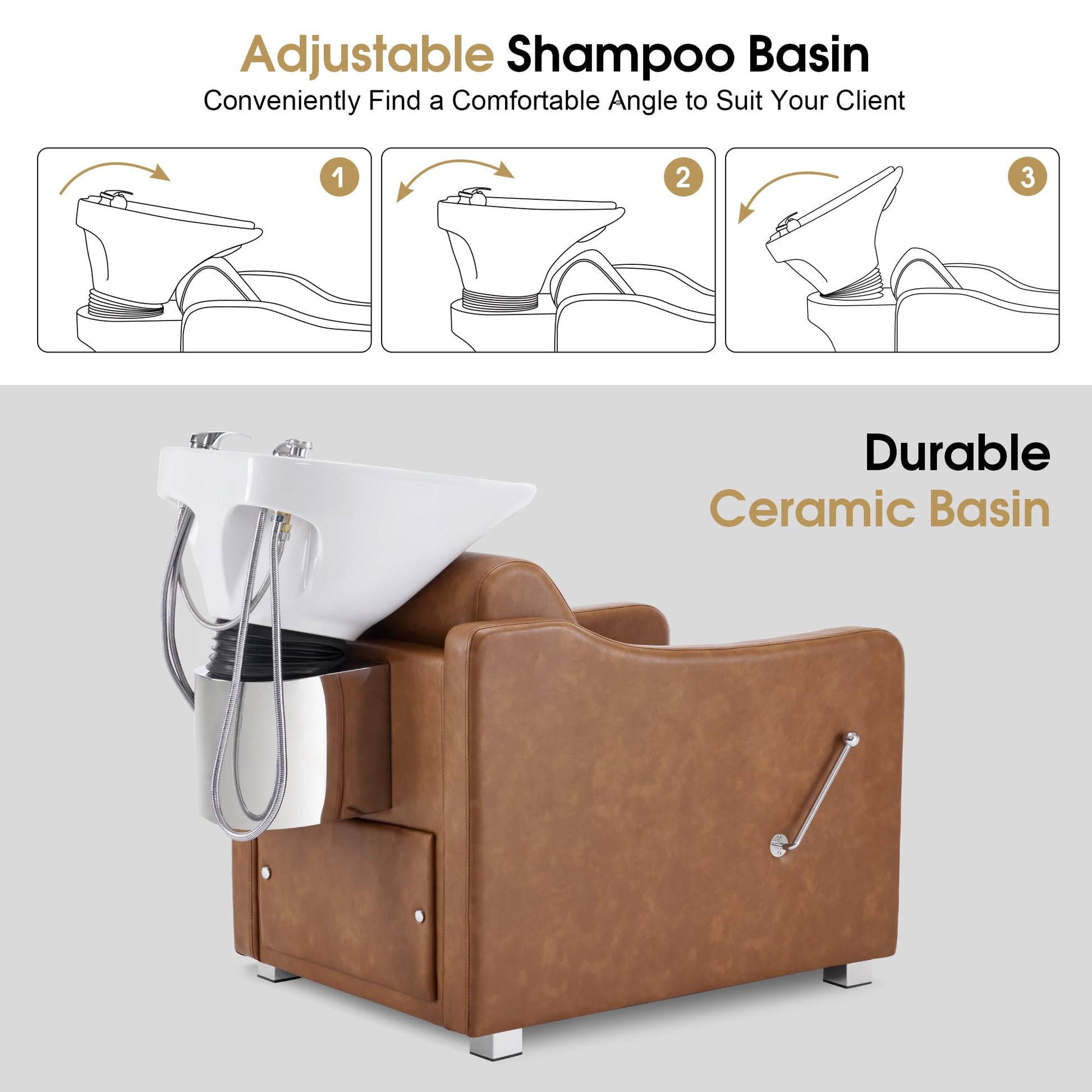 Light Gray BarberPub Backwash Shampoo Station Chair, Adjustable Porcelain Ceramic Hair Wash Bowl with Chair, Shampoo Station for Barber Shop, Spa Beauty Salon Equipment 9364 (Brown)
