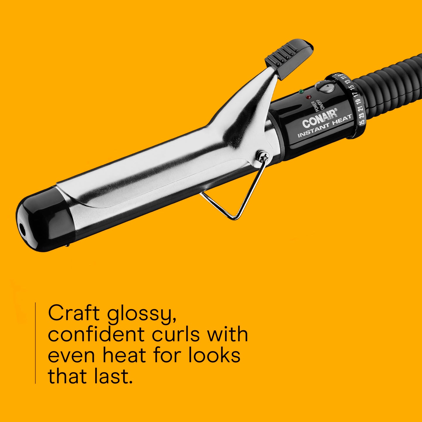 Orange Conair Instant Heat 1.25-Inch Curling Iron for Medium & Long Hair, Long Barrel Curling Iron with 25 Heat Settings, Fast Heat-Up, Dual Voltage Hair Curler for Loose Curls & Beach Waves, Easy Clamp