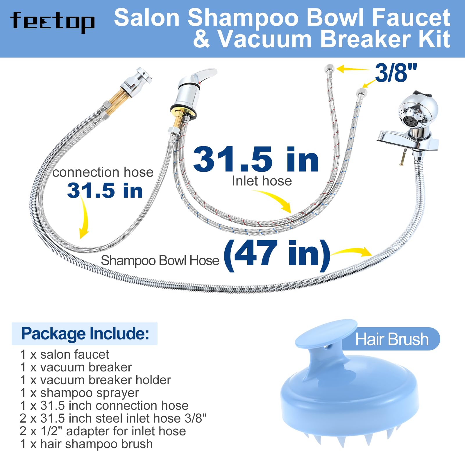 White Smoke Salon Shampoo Bowl Vacuum Breaker Kit & 1/4" Shampoo Bowl Sprayer Hose Kit with Hair Brush - Hair Salon Sink Sprayer Hose Replacement Set for Sink Shampoo Bed (11 Pcs)