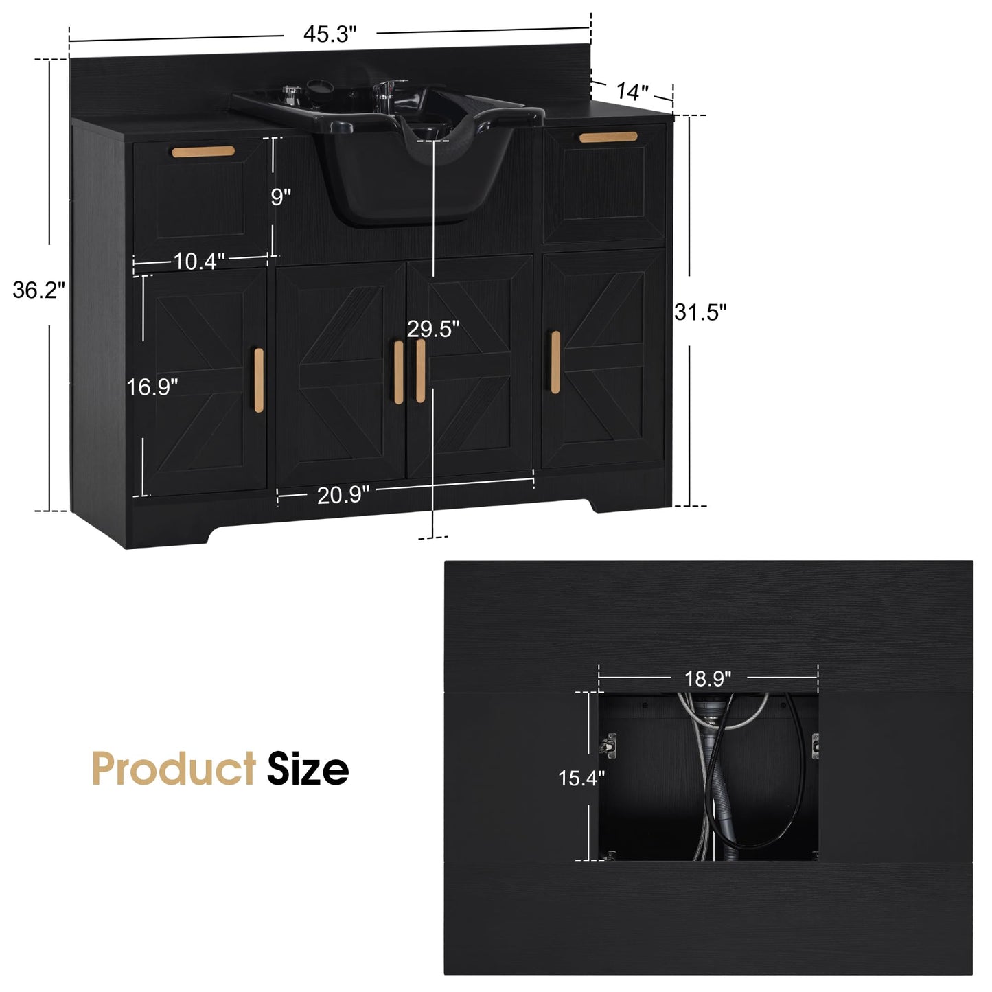 White Smoke BarberPub Portable Shampoo Station, Shampoo Bowl with Cabinet & Drawer, Salon Geometric Finish Station with Sprayer Faucet, Barber Storage Equipment with Hair Wash Backwash Sink 3439 (Black)
