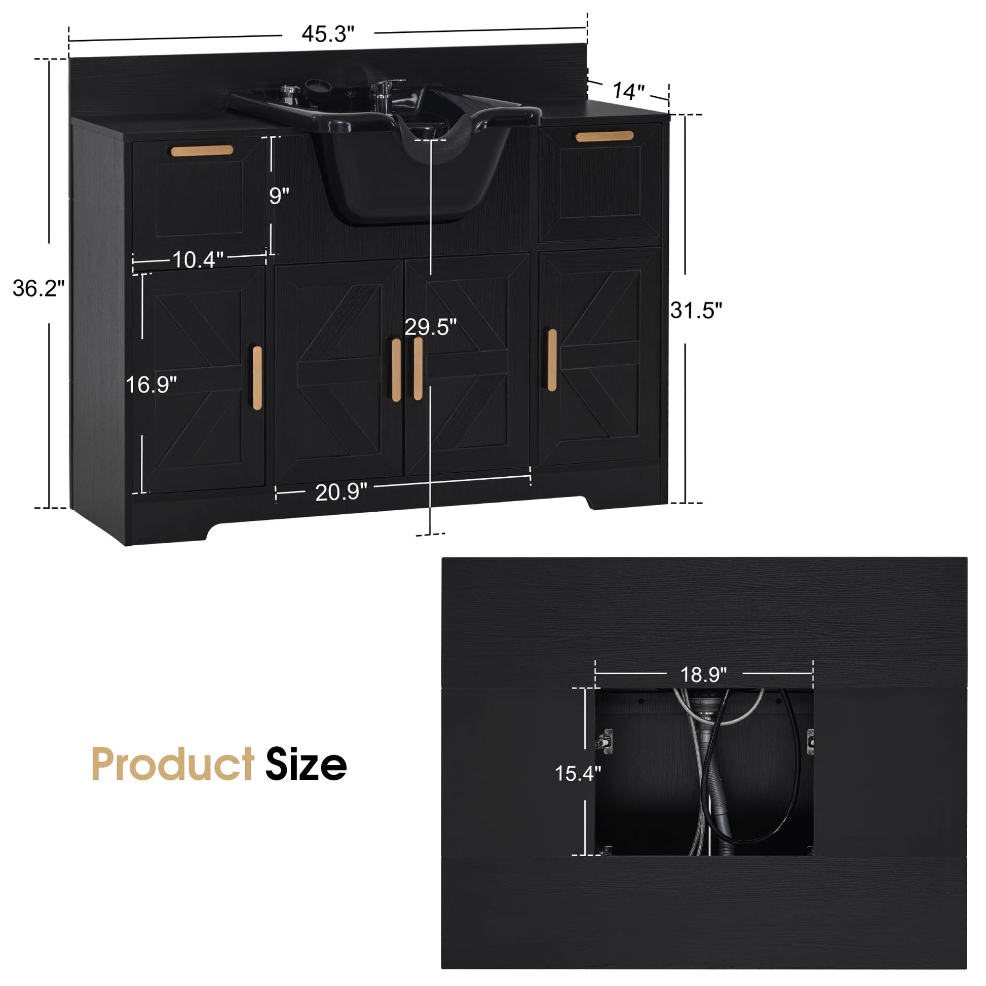 White Smoke BarberPub Portable Shampoo Station, Shampoo Bowl with Cabinet & Drawer, Salon Geometric Finish Station with Sprayer Faucet, Barber Storage Equipment with Hair Wash Backwash Sink 3439 (Black)