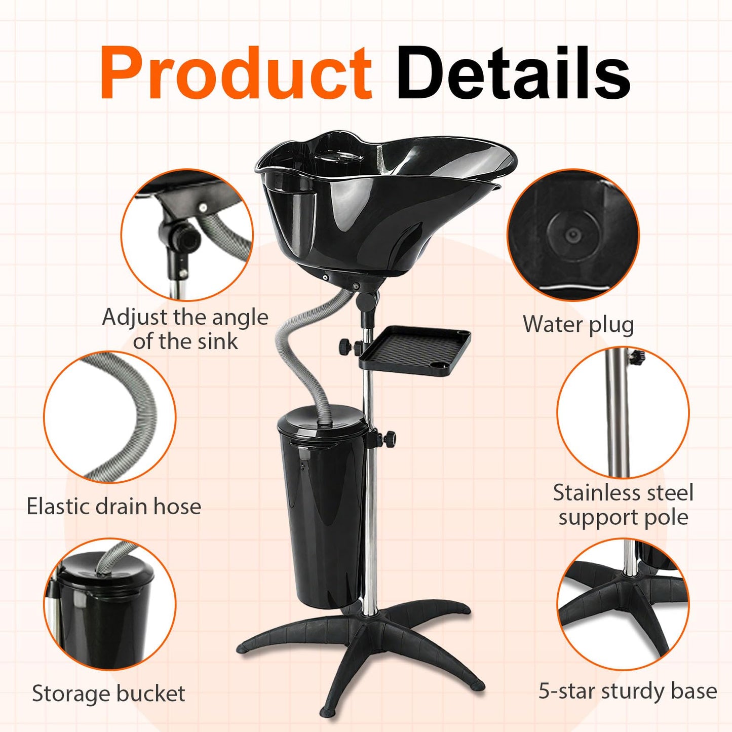 White Smoke HYZSWGC Portable Salon Shampoo Bowl, Height Adjustable Hair Washing Basin with Drain Hose, Black