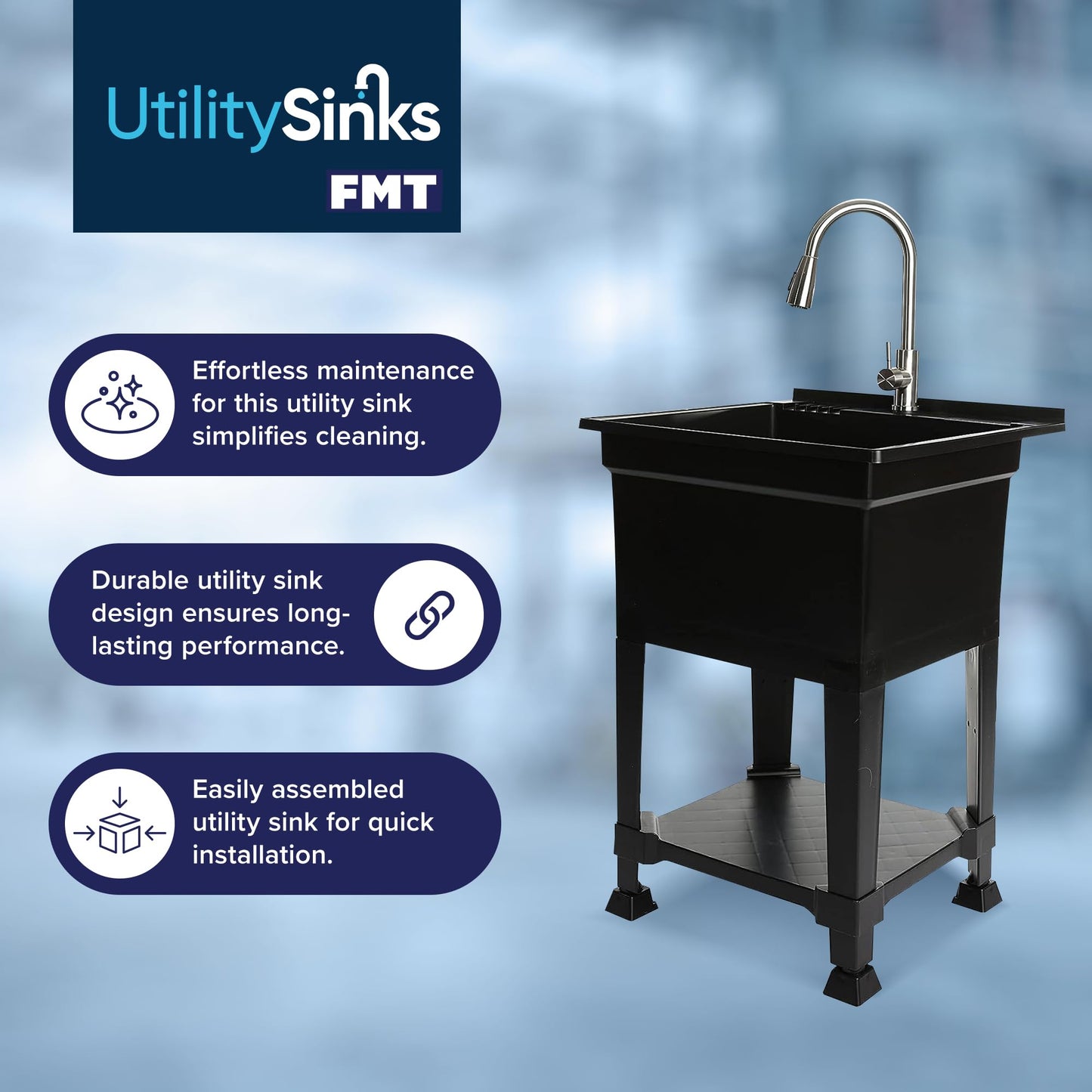 Light Steel Blue UTILITYSINKS Freestanding Utility Tub Sink with Quick Connect Drain, 24 x 24", Black - Portable and Compact Sink with Faucet for Outdoor Kitchen, Laundry Room, Garage, and Basement