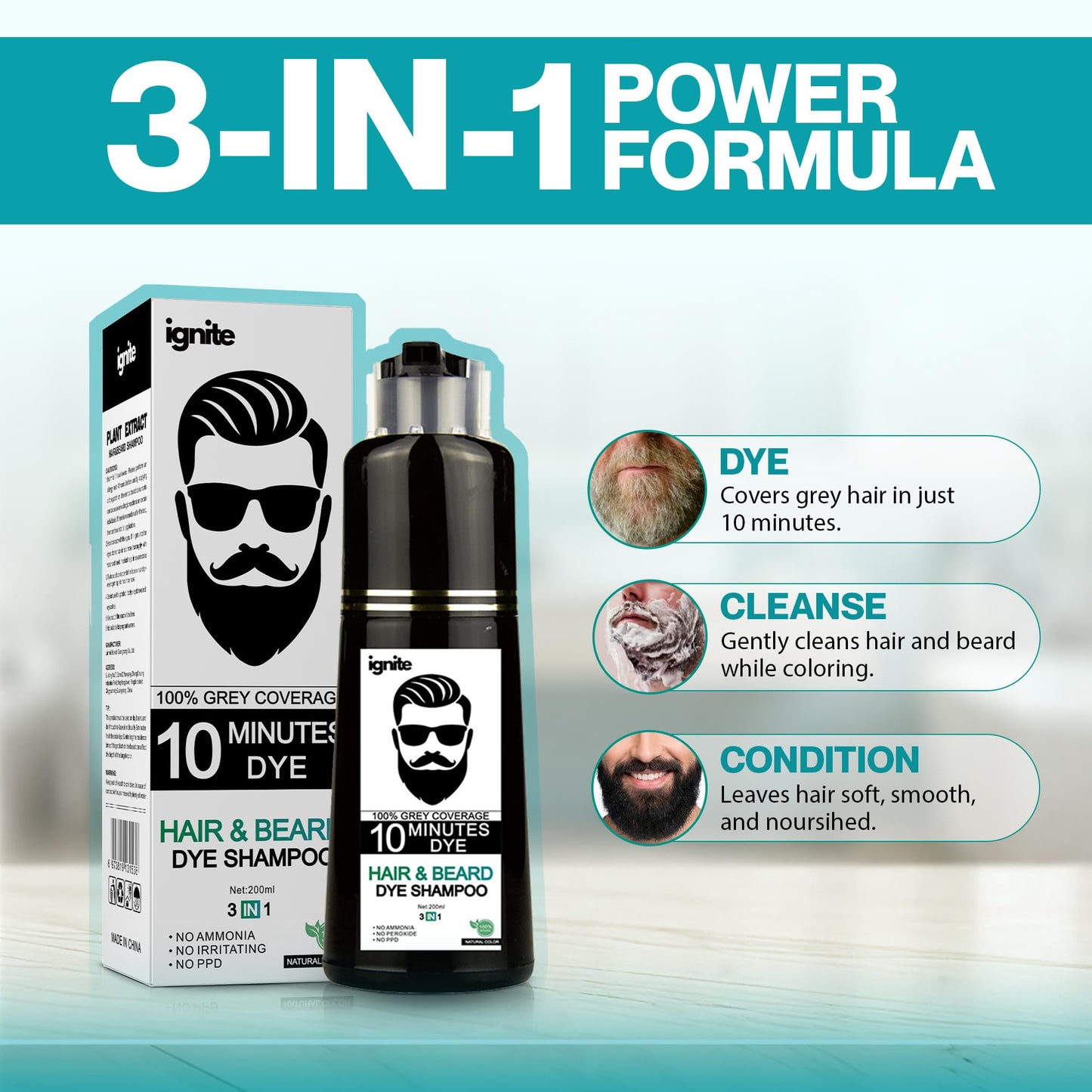 Alice Blue Men’s Hair & Beard Dye color Shampoo –100% Grey Hair Coverage – Black Color Dye - Natural Color 3 in 1 Hair Beard mustache Color