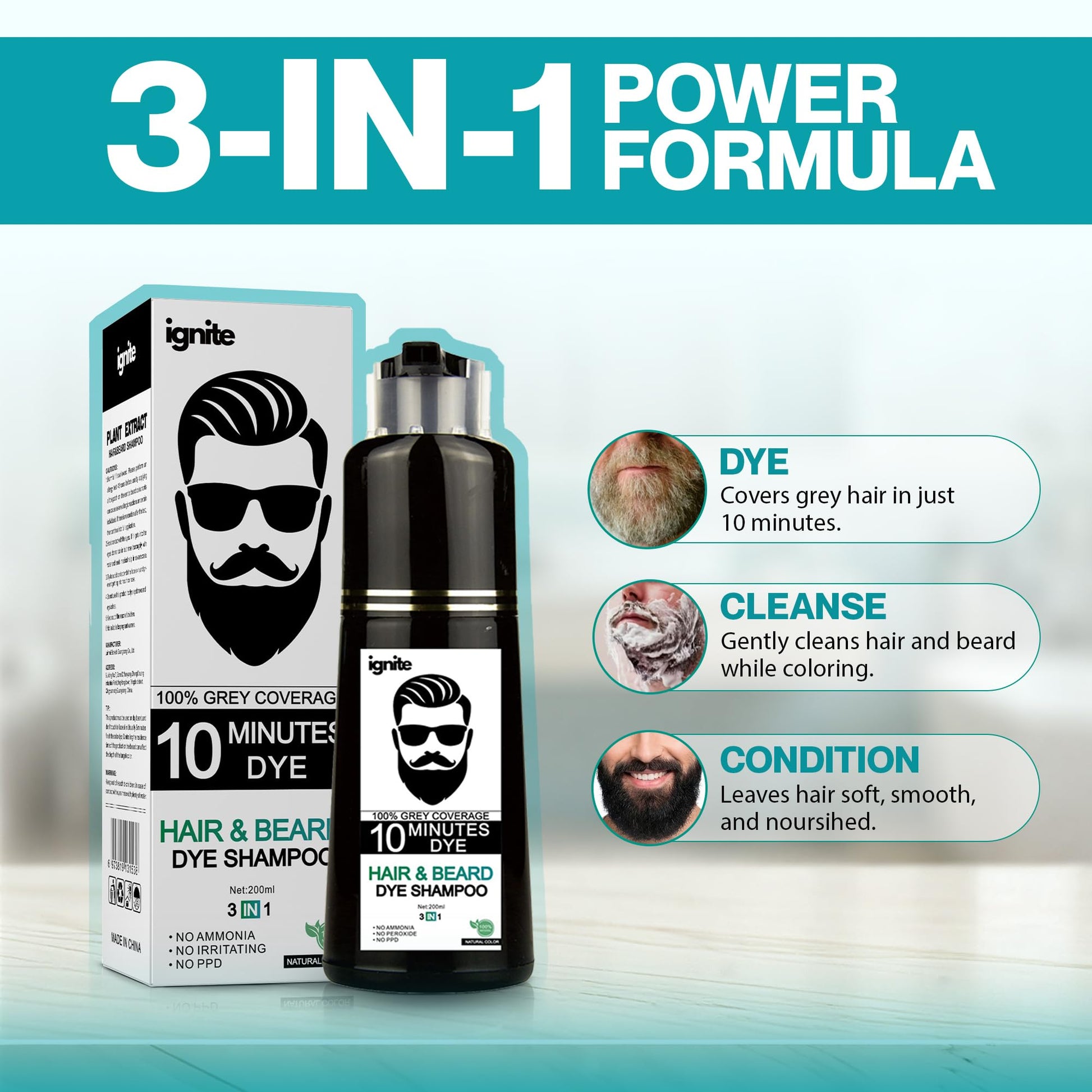 Alice Blue Men’s Hair & Beard Dye color Shampoo –100% Grey Hair Coverage – Black Color Dye - Natural Color 3 in 1 Hair Beard mustache Color