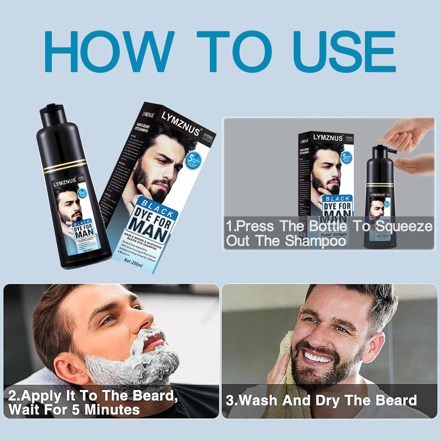 Light Gray Men's Mustache & Beard Dye for Gray Hair Coverage - Natural Black Color in 5 Minutes, Easy Application Shampoo for Facial Hair 200ml