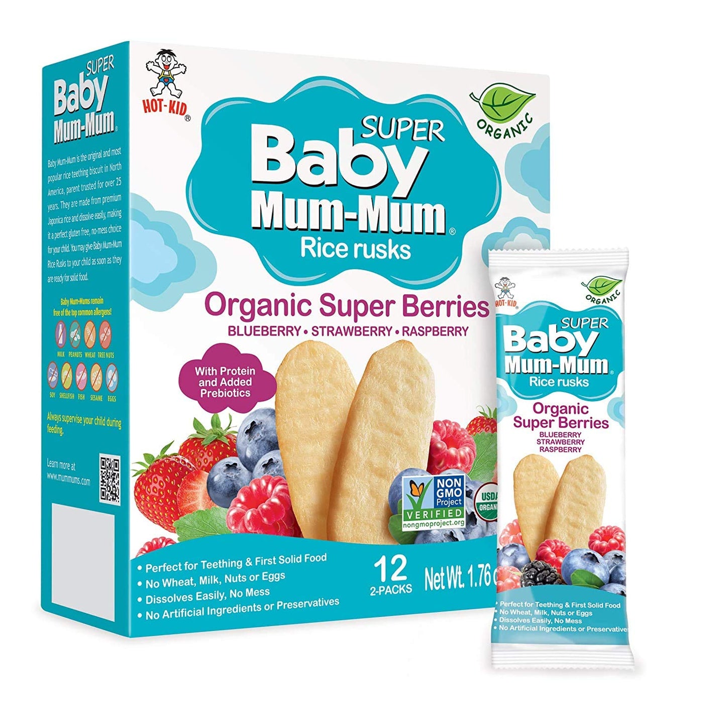 White Smoke Baby Mum-Mum Organic Gentle Teething Crackers, Super Berry | 24 Count (Pack of 6) | Gluten Free, Allergen Free, Non-GMO | Baby Snacks, Teether Relief Rice Rusk Cookies for Babies