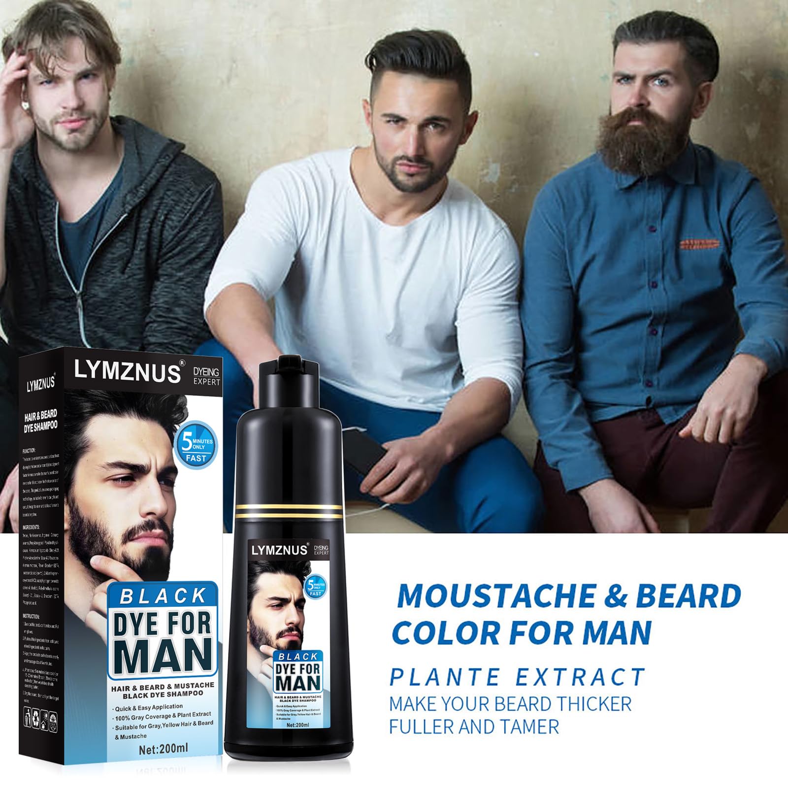 White Smoke Men's Mustache & Beard Dye for Gray Hair Coverage - Natural Black Color in 5 Minutes, Easy Application Shampoo for Facial Hair 200ml