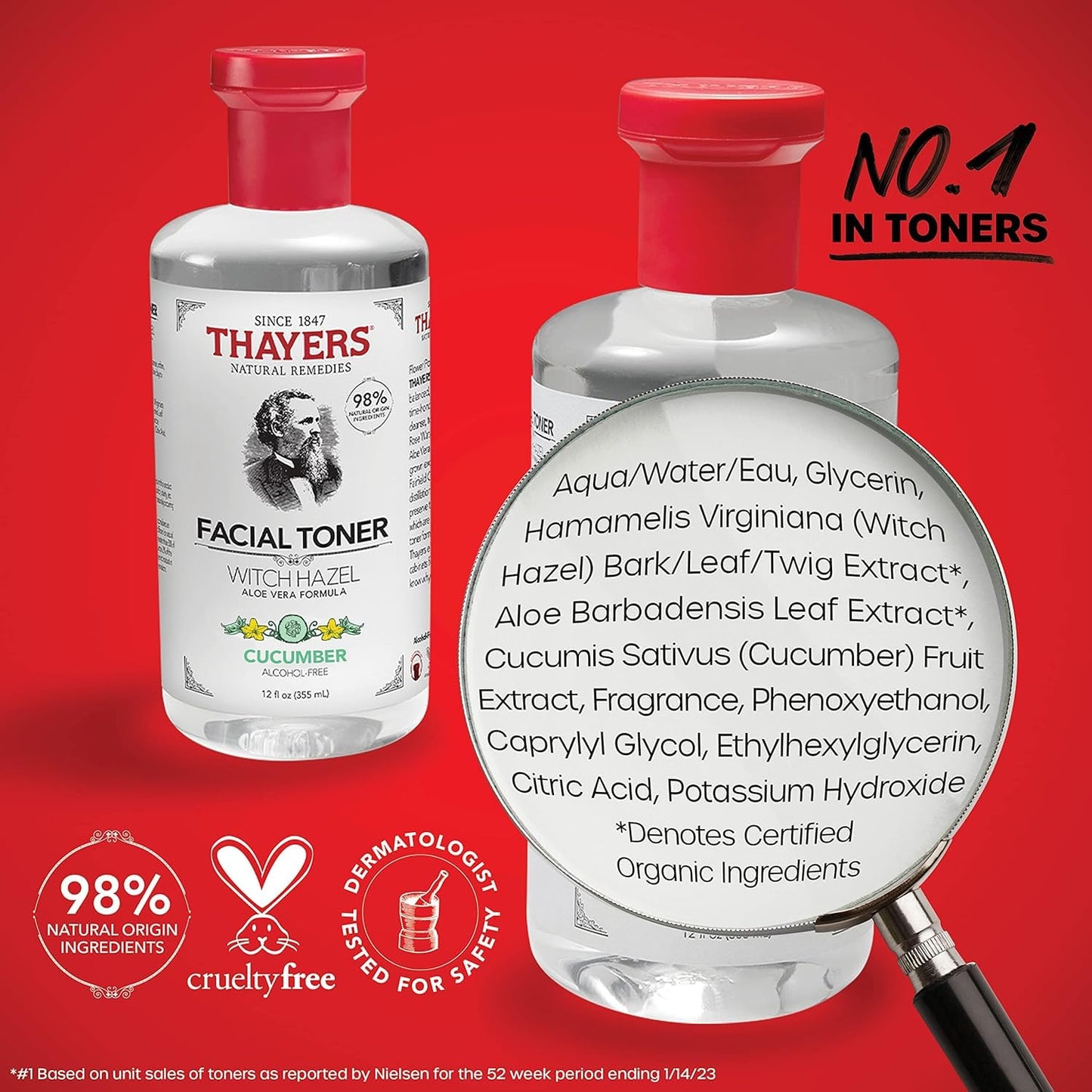 Firebrick Thayer Cucumber Witch Hazel with Aloe Vera Formula, 12 Fluid Ounce