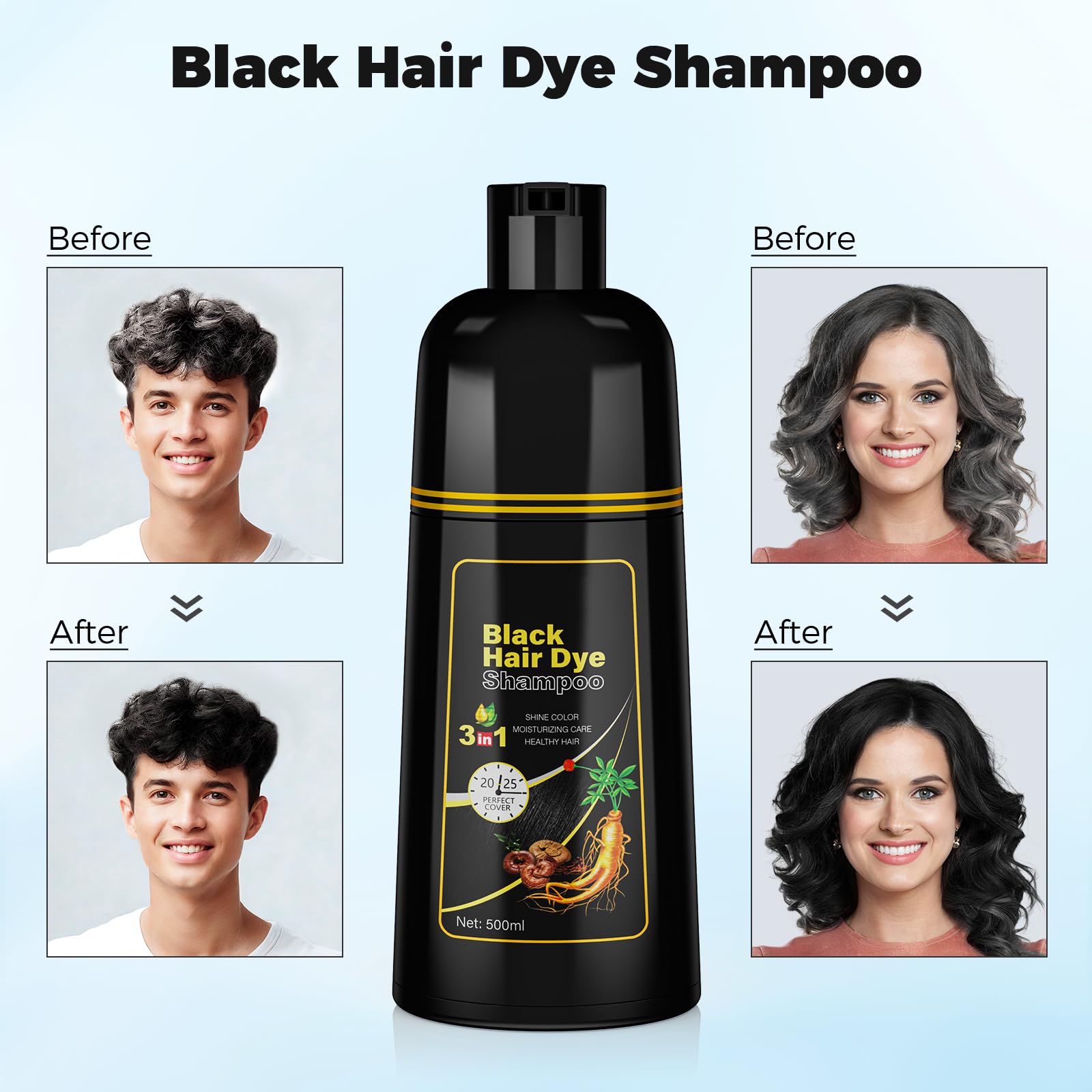 Alice Blue JUANCHI Black Hair Dye Shampoo 3 in1, Black Shampoo Hair Dye for Gray Coverage, Natural Hair Color for Women Men, Herbal Formula, Ammonia-free, Lasts 30 Days, 500ml (16.90 oz)