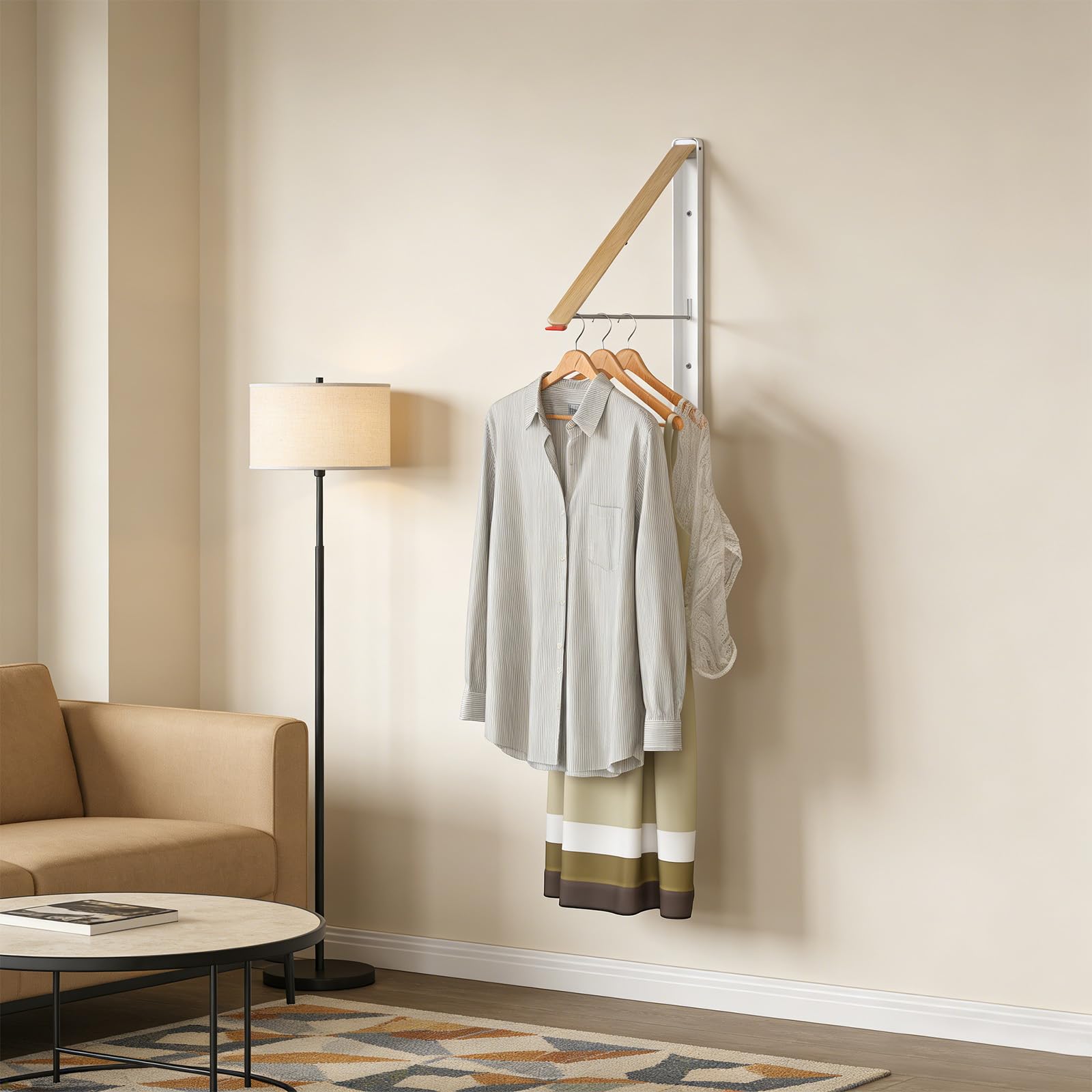 Light Gray Kolovbe Clothes Drying Rack Wall Mounted for Laundry, Retractable & Foldable Clothes Hanger, Indoor Outdoor Wall Dryer Rack Organization for Dorm, Closet, Apartment, Balcony, Laundry, Rv, Alcove, Wood