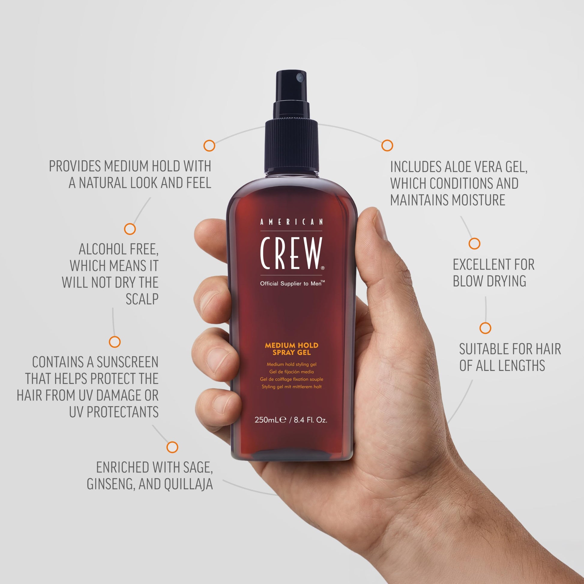 Light Gray American Crew Men's Hair Spray, Medium Hold, 8.45 Fl Oz