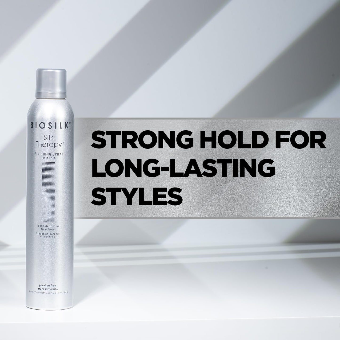 Light Gray BioSilk Silk Therapy Finishing Spray Firm Hold, Strong-Hold Hairspray for Long-Lasting Styles, Adds Brilliant Shine & Keeps Hair Touchable, Sulfate-Free, Paraben-Free, Cruelty-Free, 10 Oz